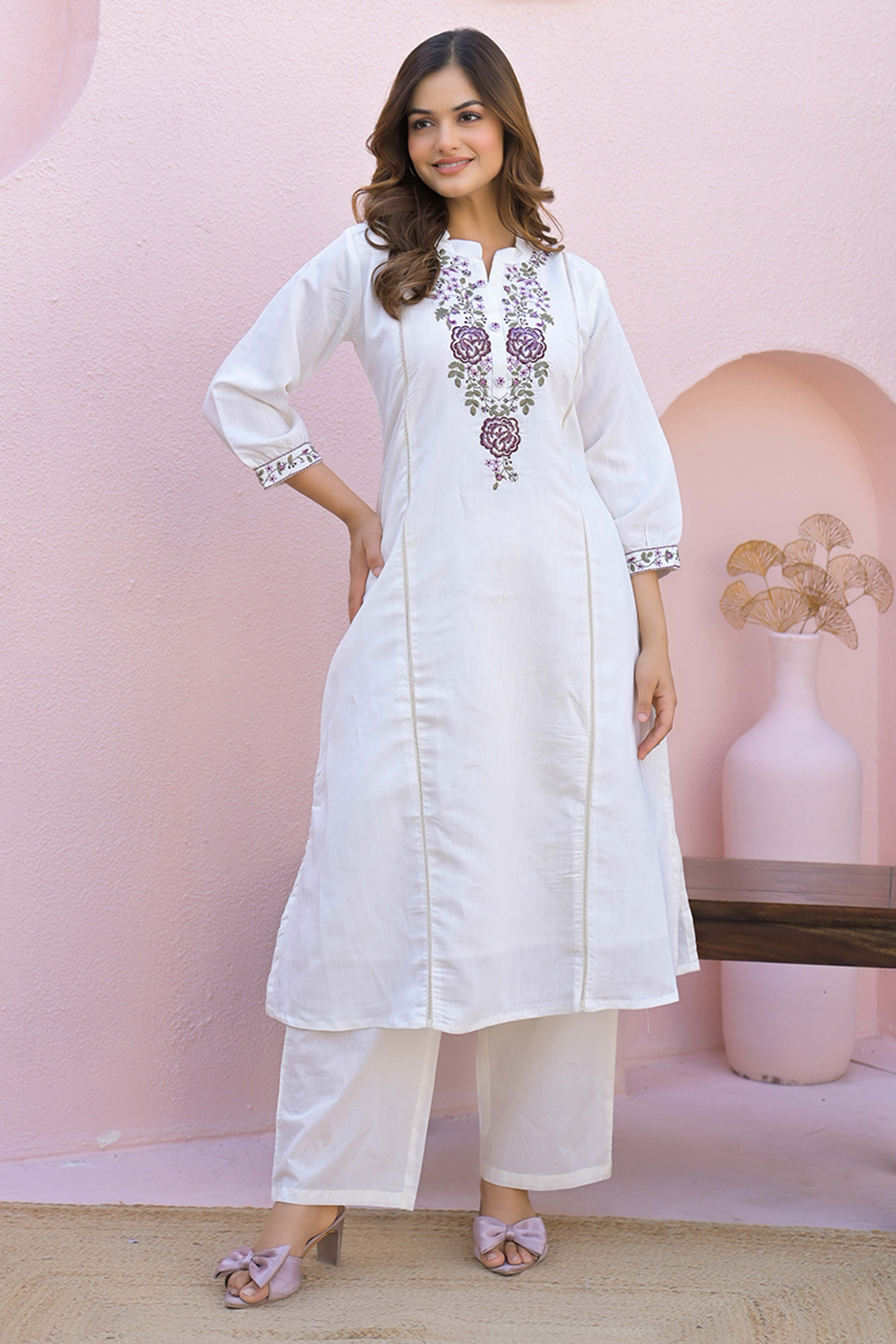 White Viscose Mango Silk A-Line Kurti with Floral Embroidery On Neck