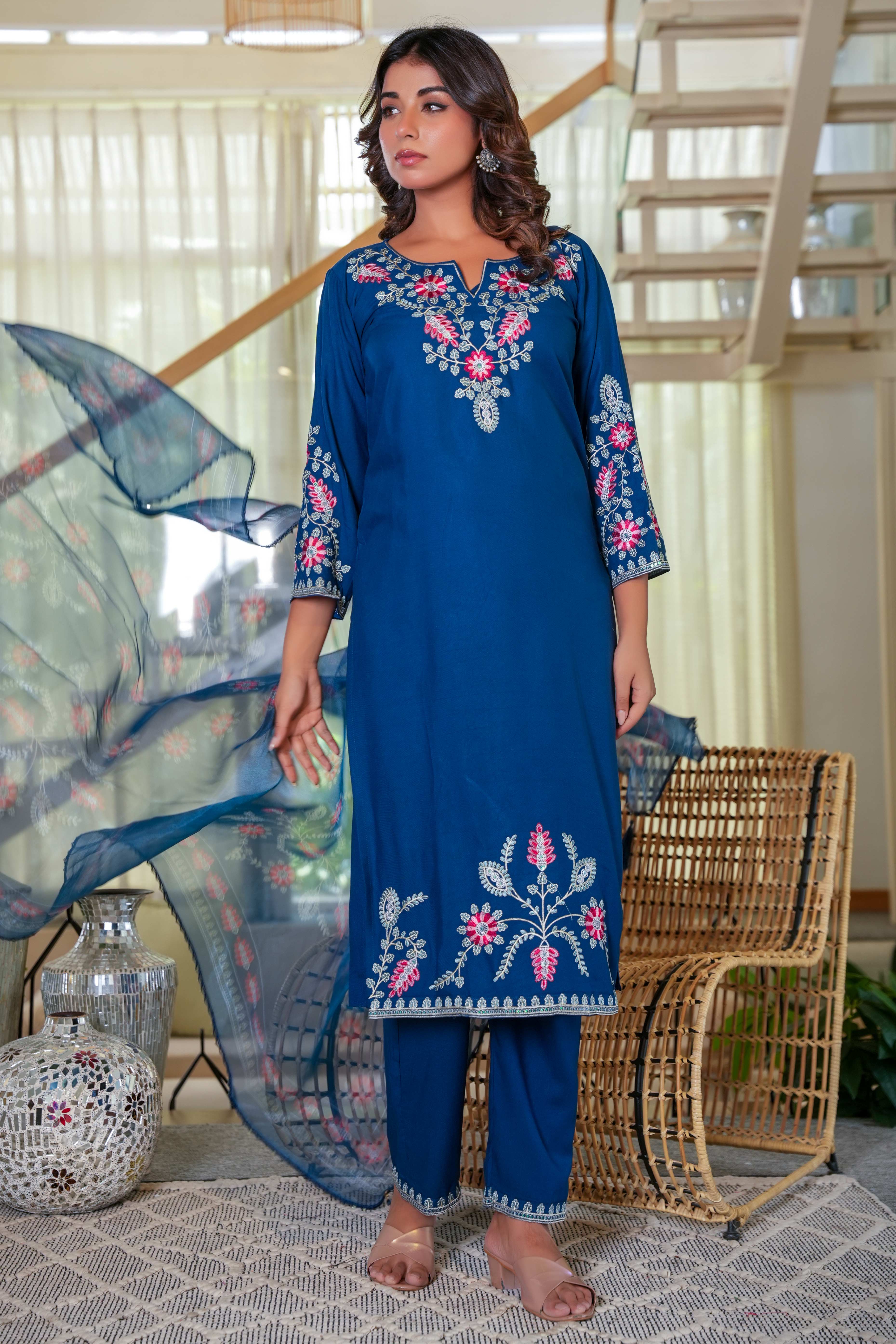 Navy Blue Heavy Viscose Rayon Straight Suit with Delicate Floral Embroidery for Graceful Style