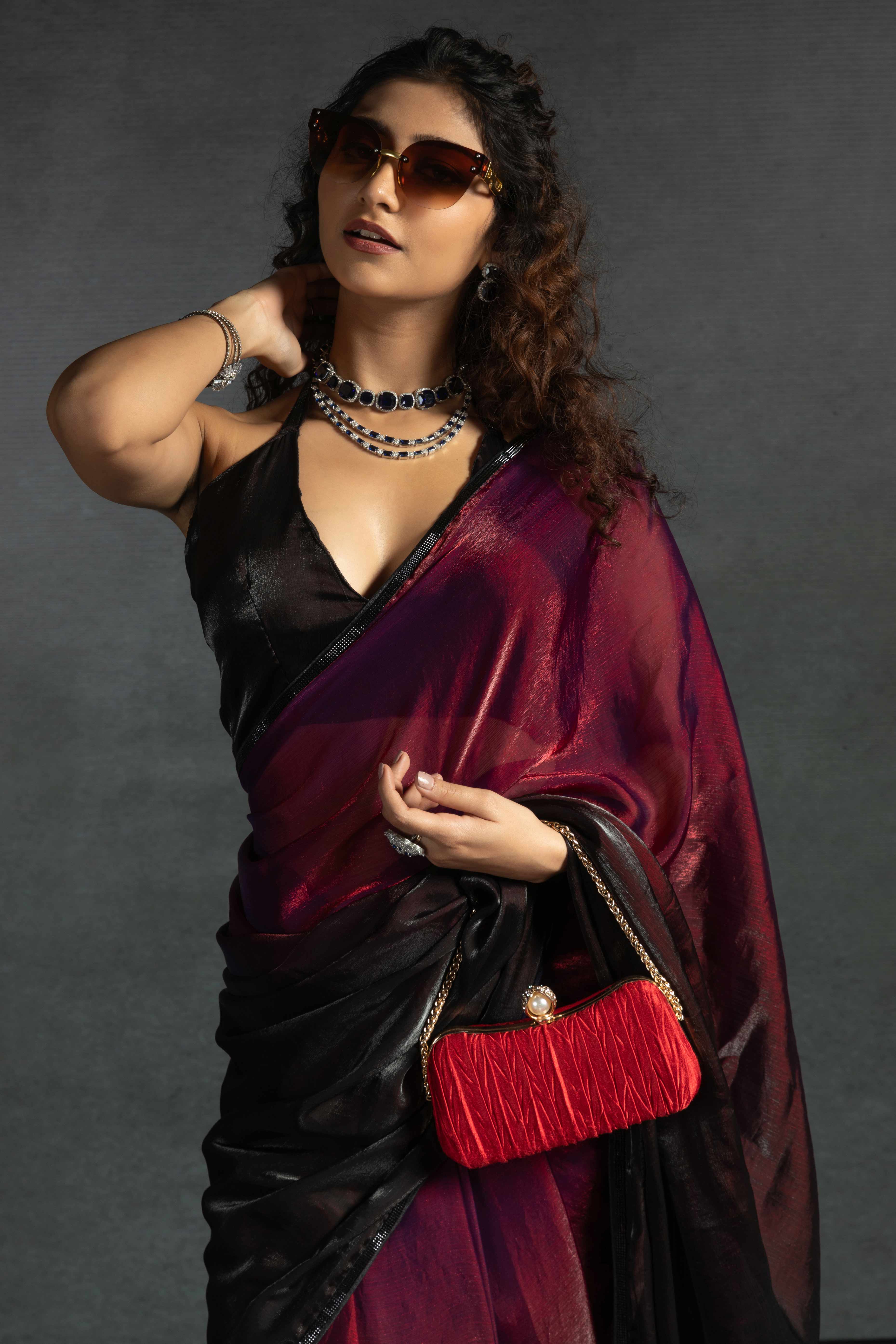 Cherry Red Satin Ready To Wear Saree with Soft Ombre Tones and Intricate Stone Border