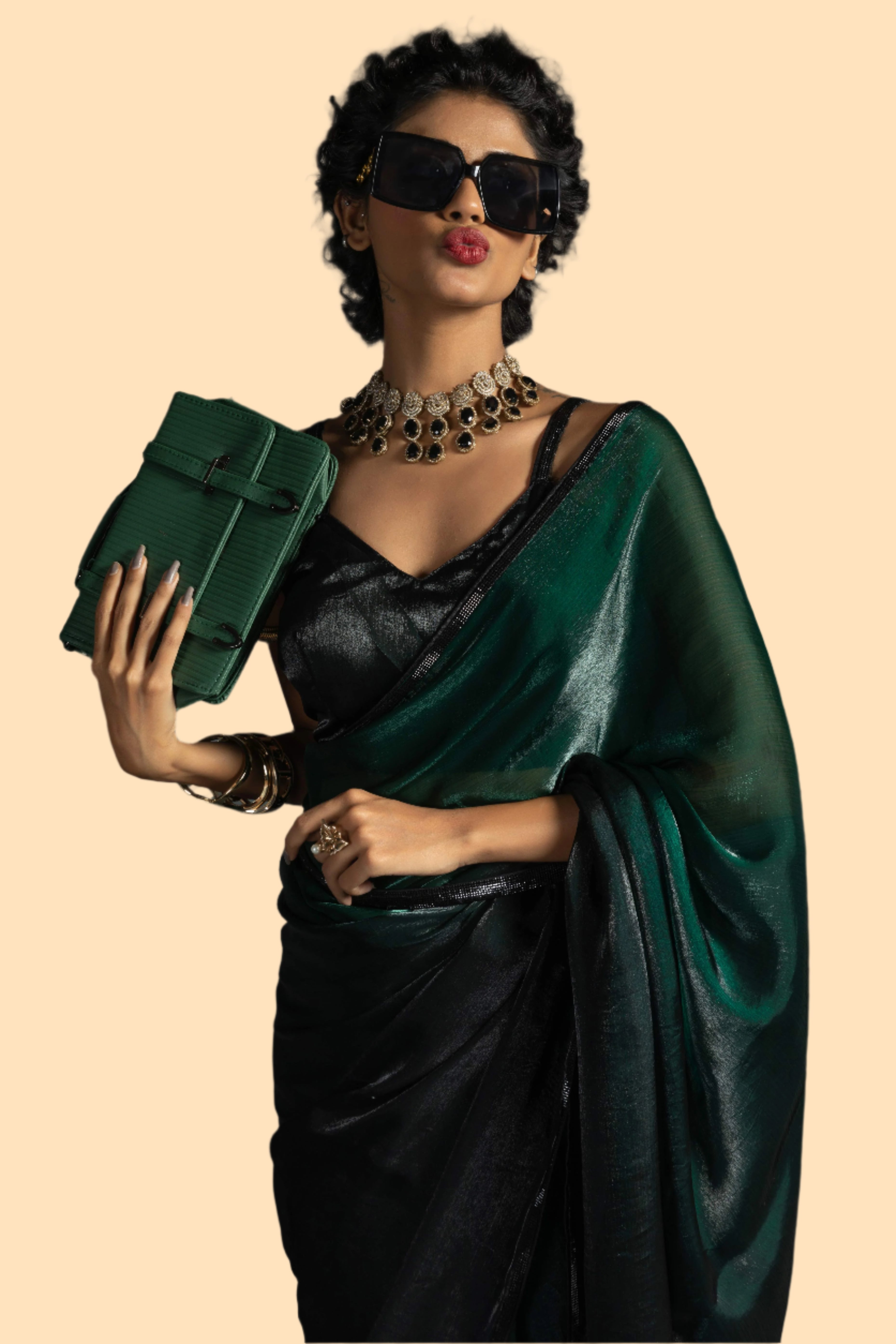 Bottle Green Satin Ready To Wear Saree with Soft Ombre Tones and Intricate Stone Border