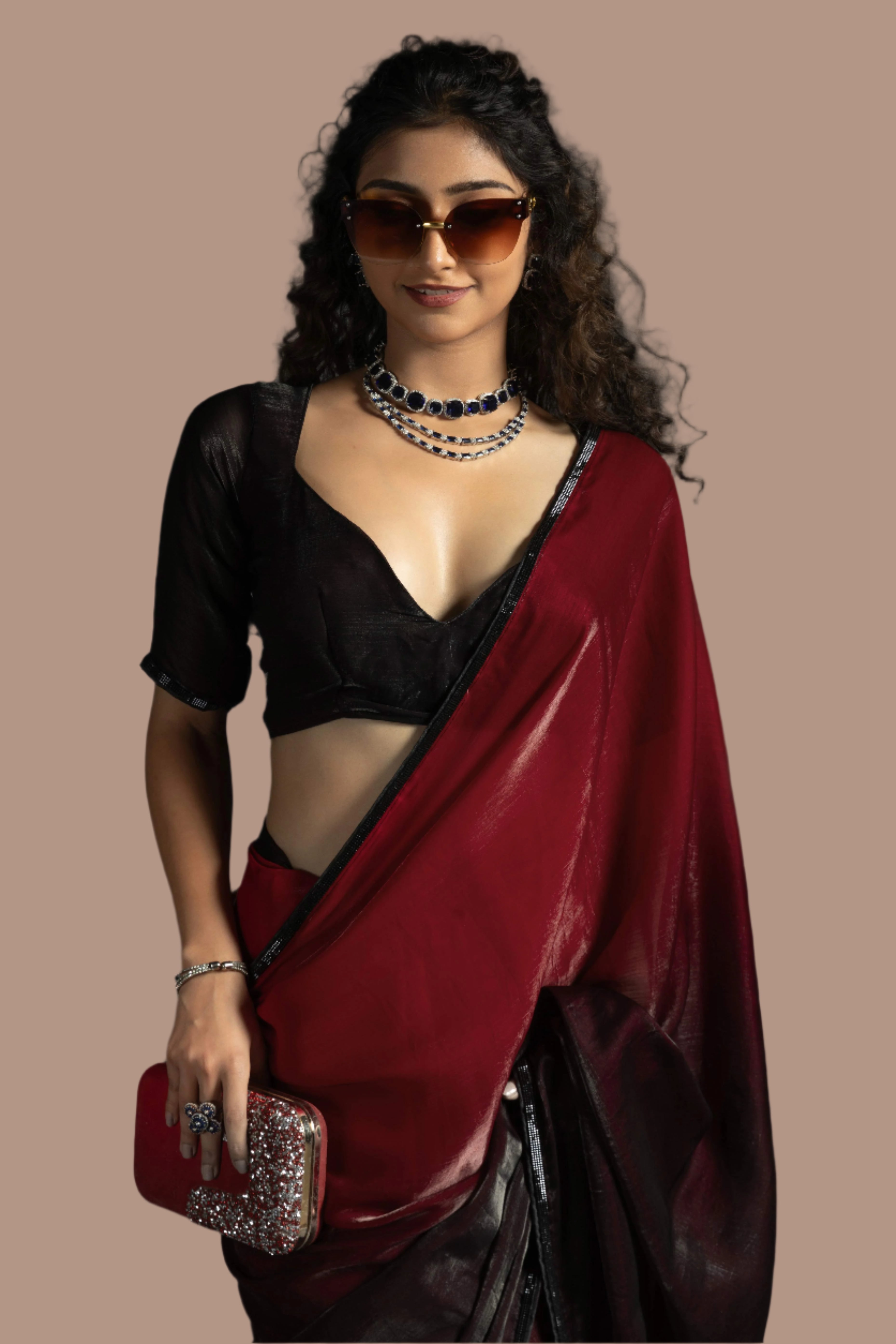 Maroon Satin Ready To Wear Saree with Soft Ombre Tones and Intricate Stone Border