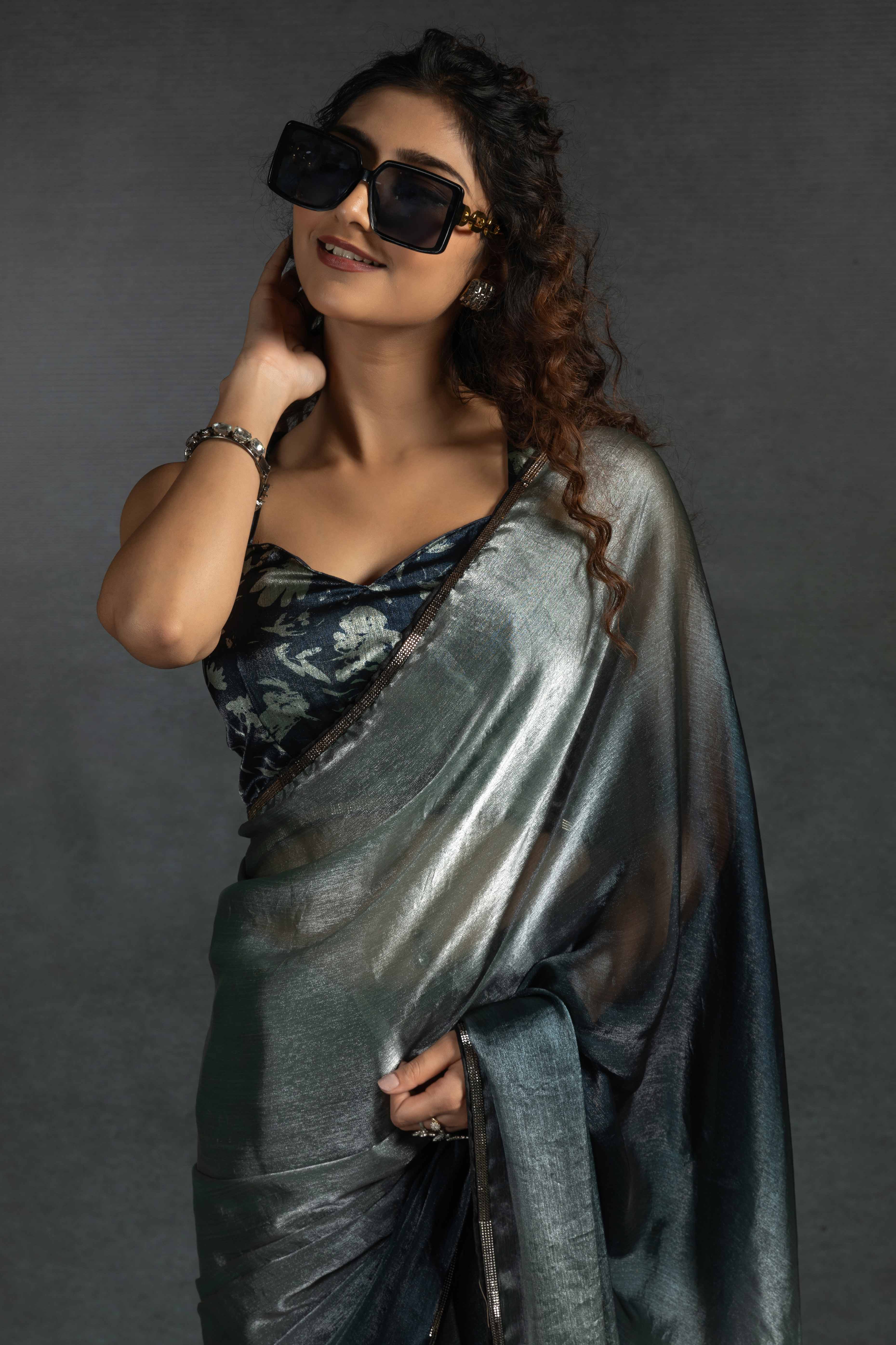 Pastel Grey Solid With Stone Work Satin Silk Ombre Ready To Wear Saree