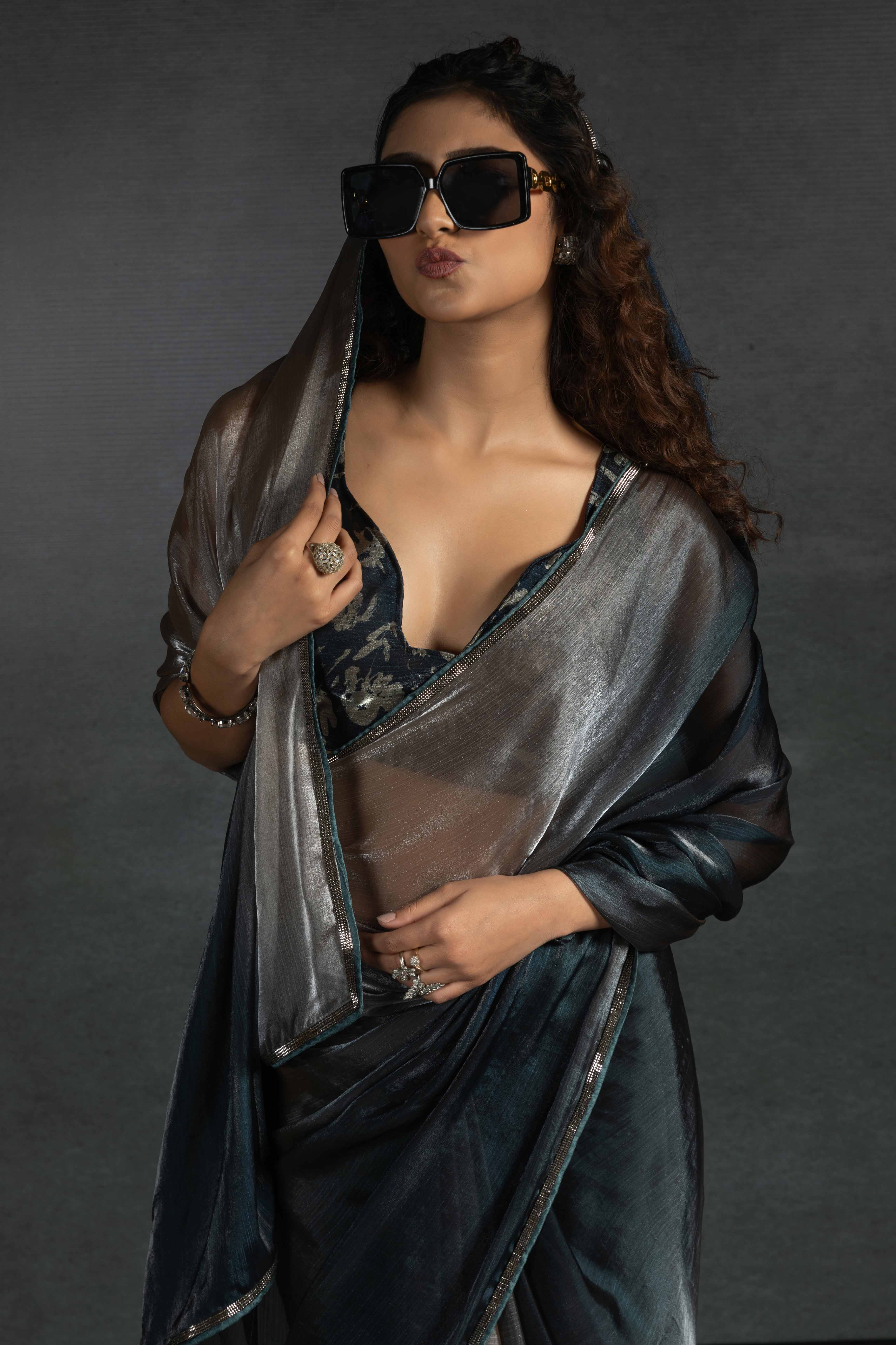 Brown Solid With Stone Work Satin Silk Ombre Ready To Wear Saree