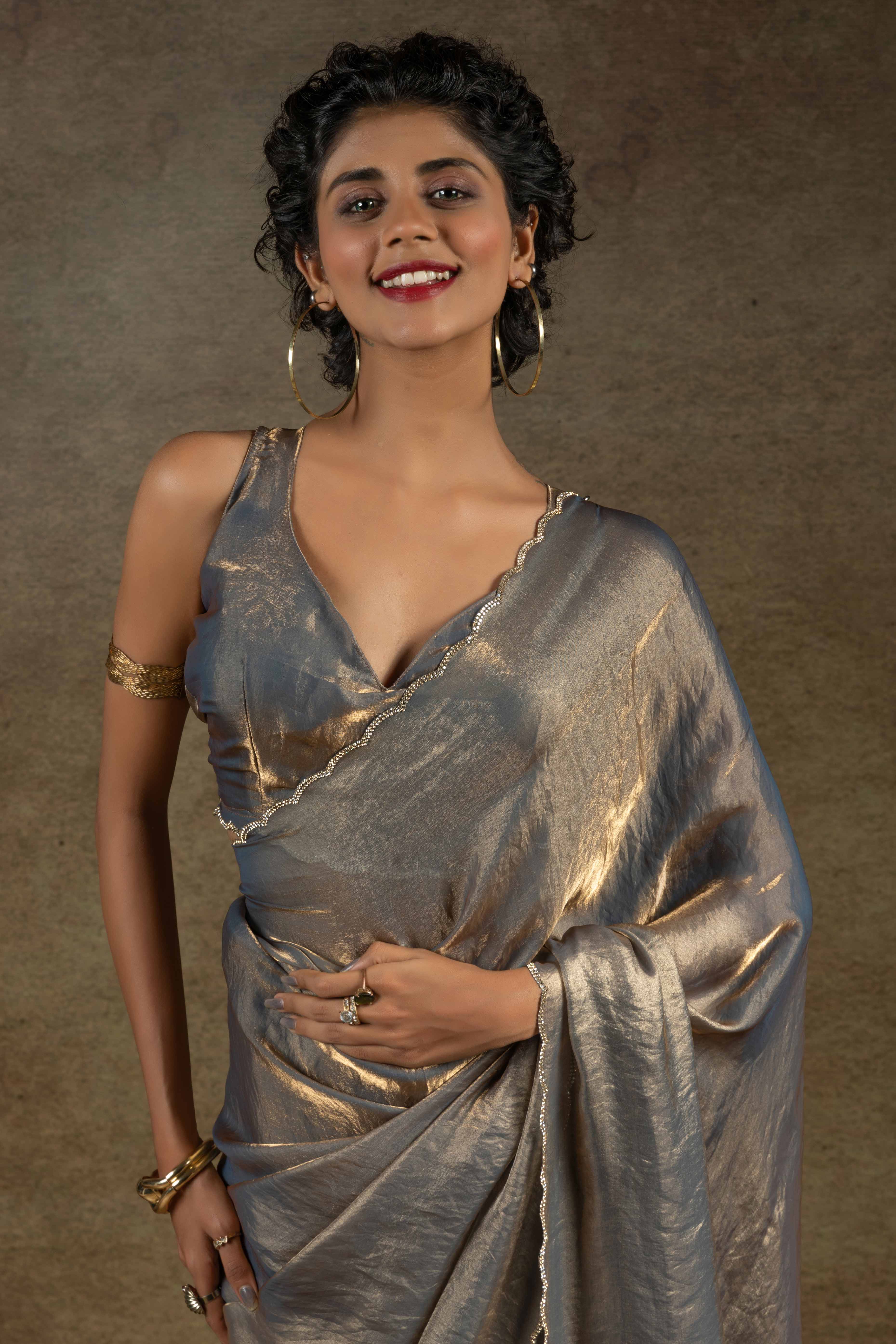 Lava Grey Solid With Diamond Work Satin Ready To Wear Saree