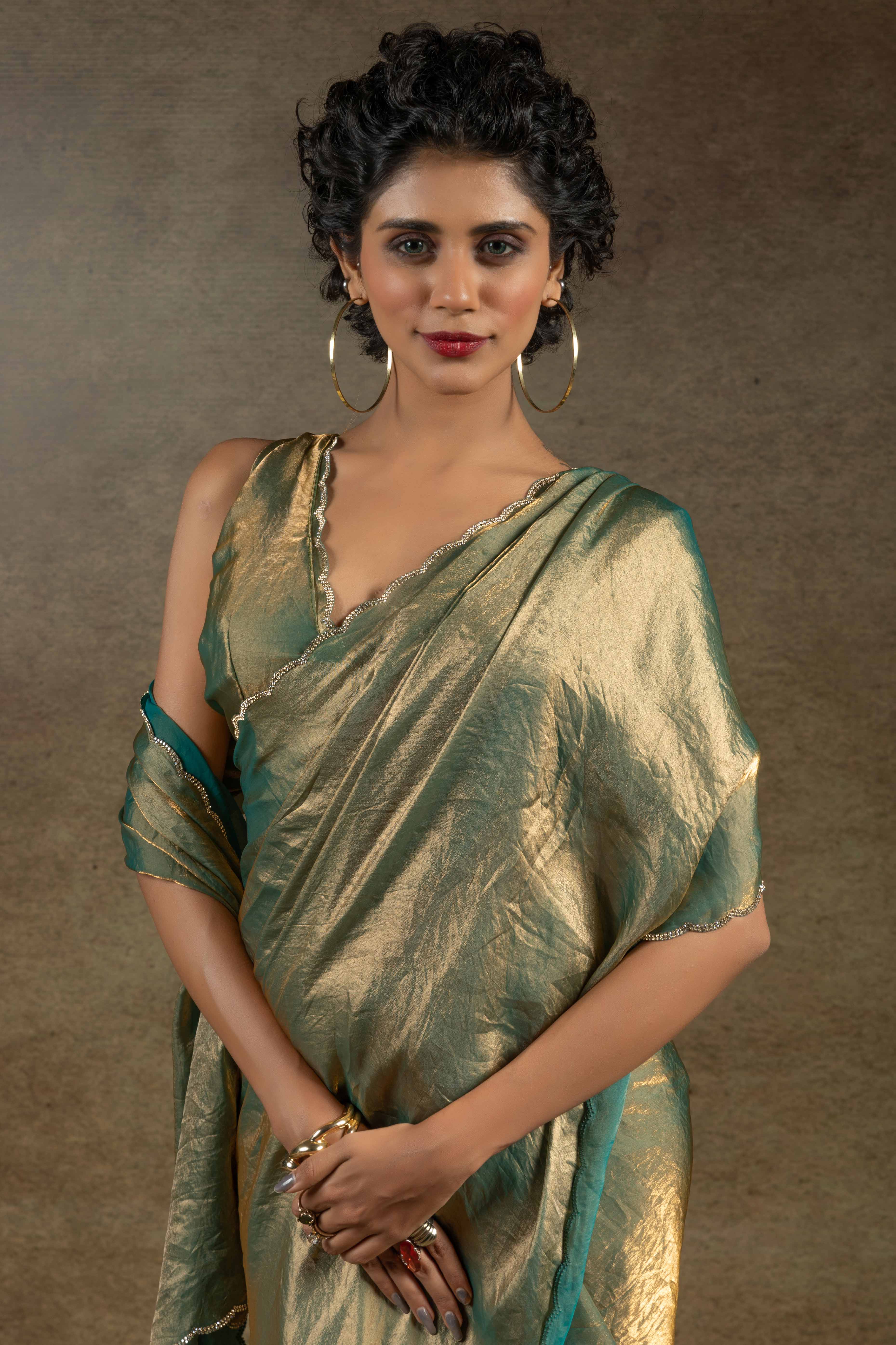 Green Solid With Diamond Work Satin Ready To Wear Saree