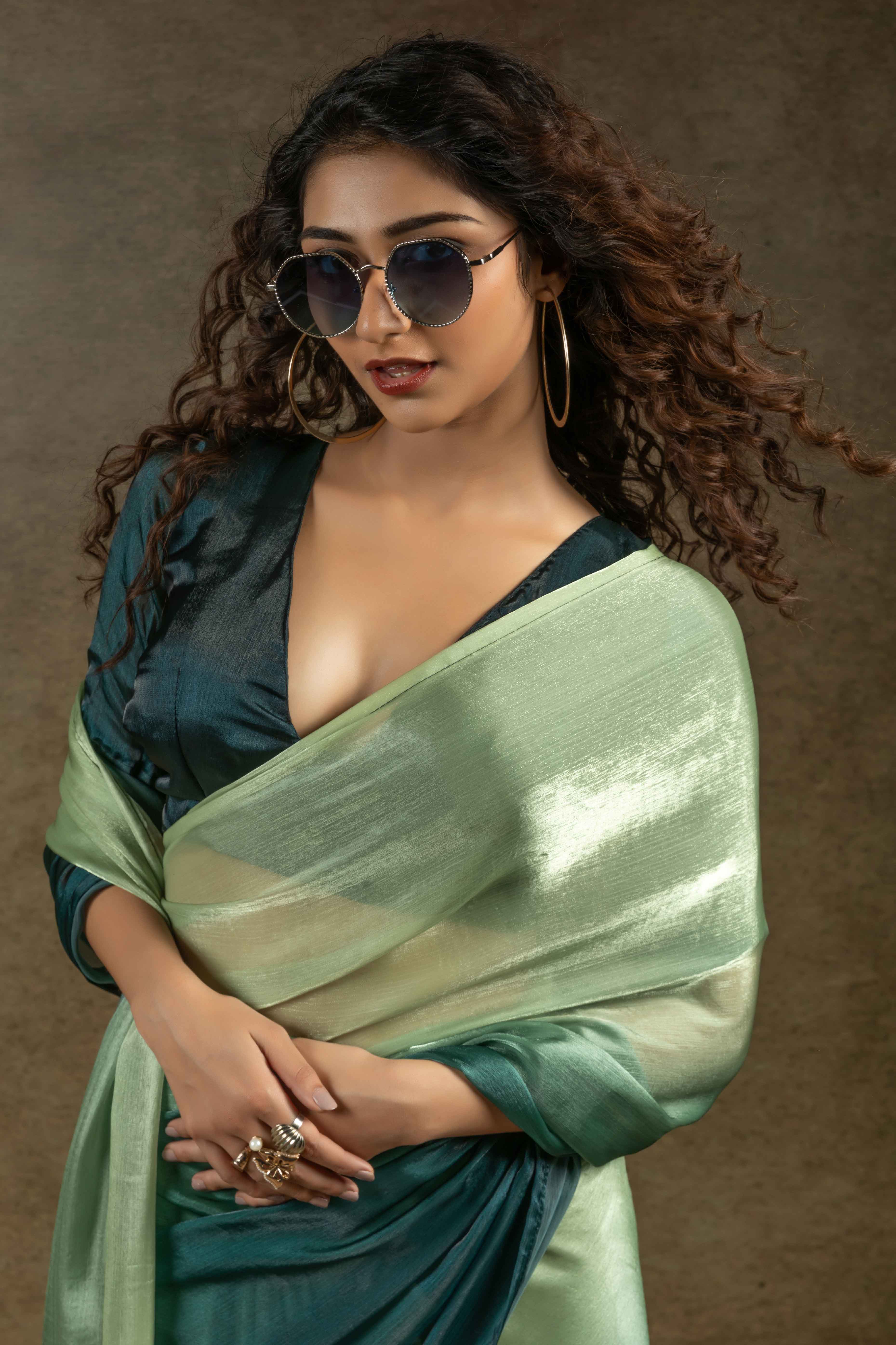 Pista Green & Bottle Green Ombre Satin Saree in Solid Finish with Ready-to-Wear Silhouette