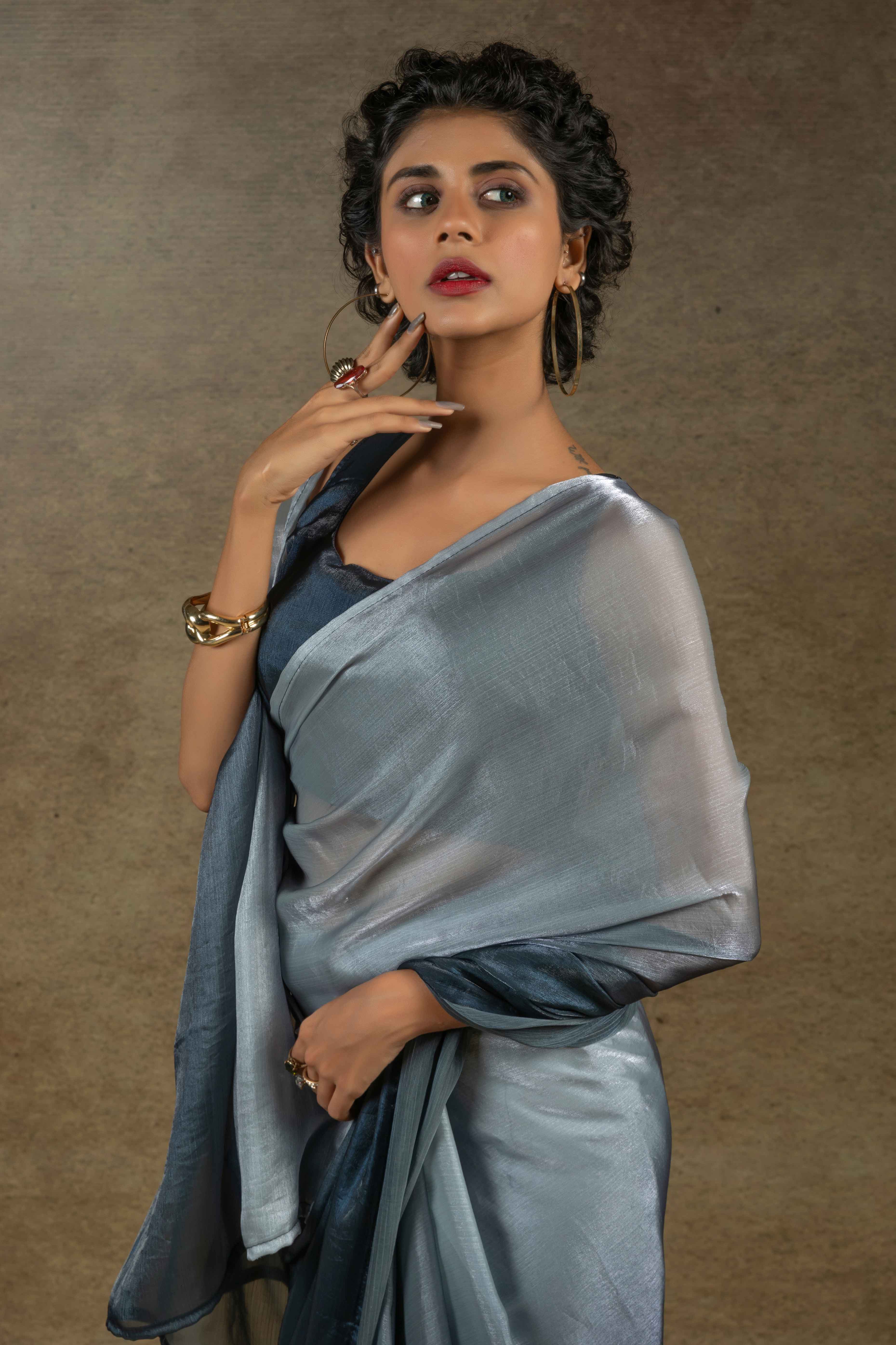 Grey & Navy Blue Ombre Satin Saree in Solid Finish with Ready-to-Wear Silhouette
