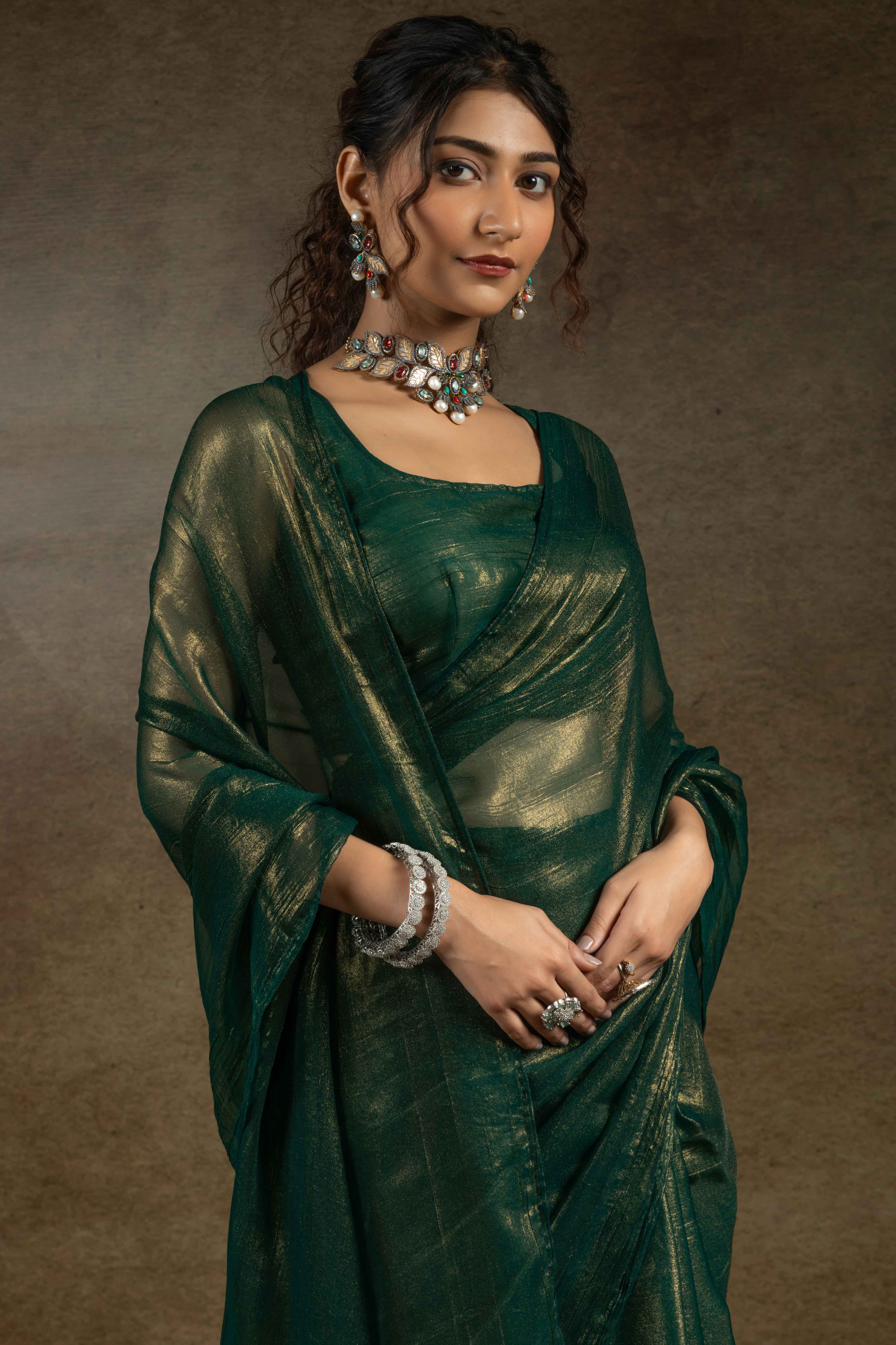 Green Ready-to-Wear Chiffon Saree in Minimal Solid Pattern for a Classy Vibe