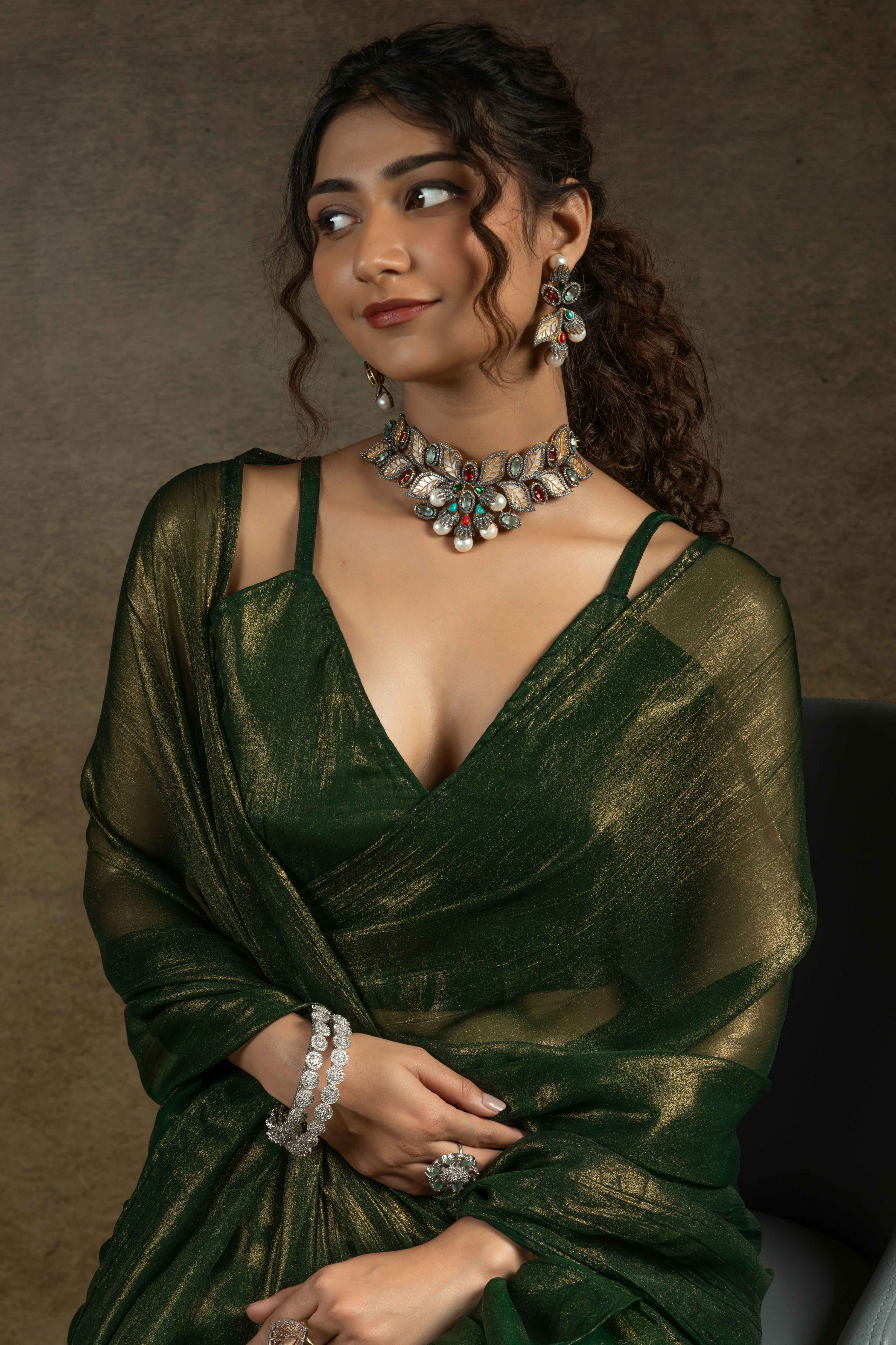 Forest Green Ready-to-Wear Chiffon Saree in Minimal Solid Pattern for a Classy Vibe