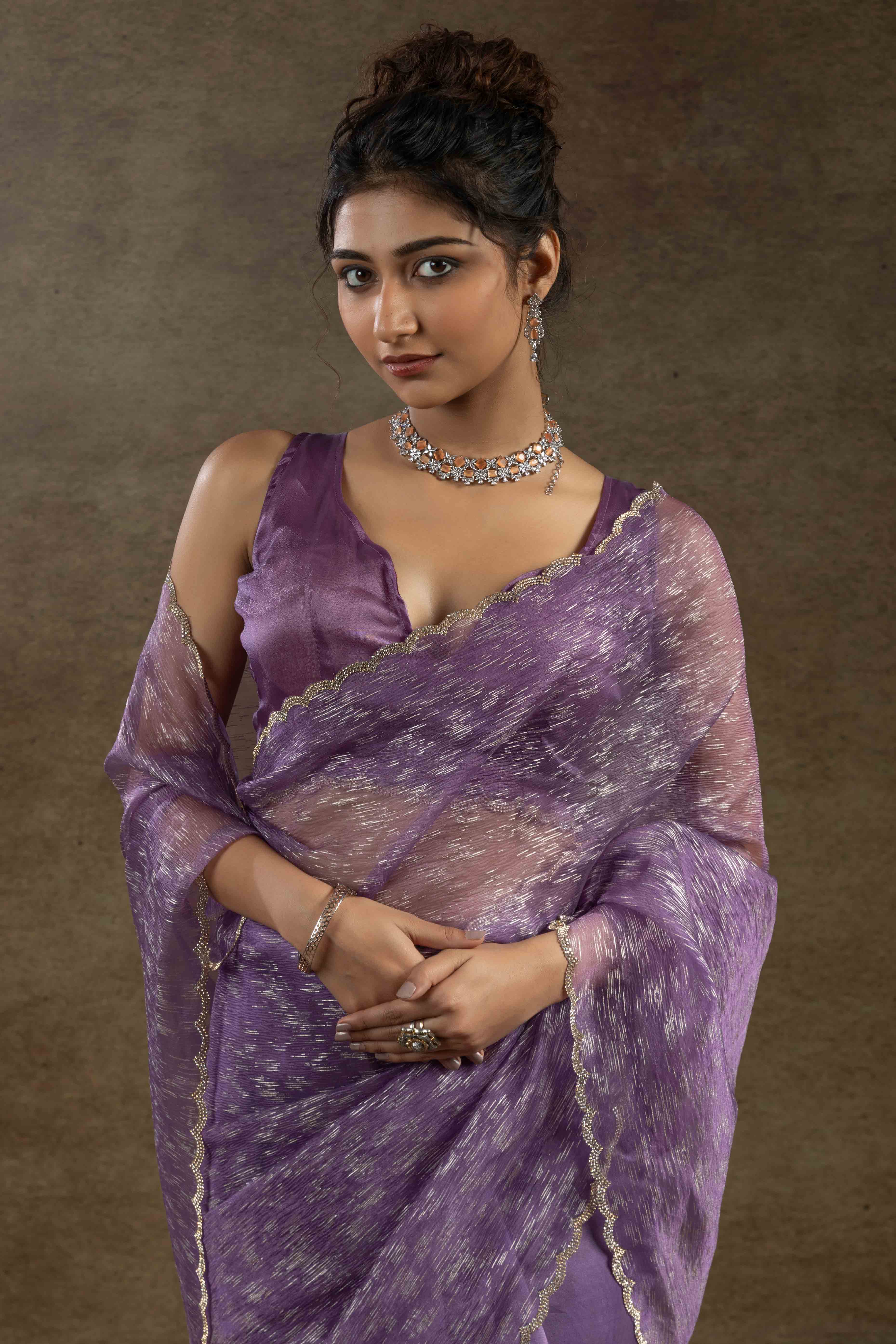 Lavender Crush Foil Print With Delicate Zarkan Border Organza Ready To Wear Saree