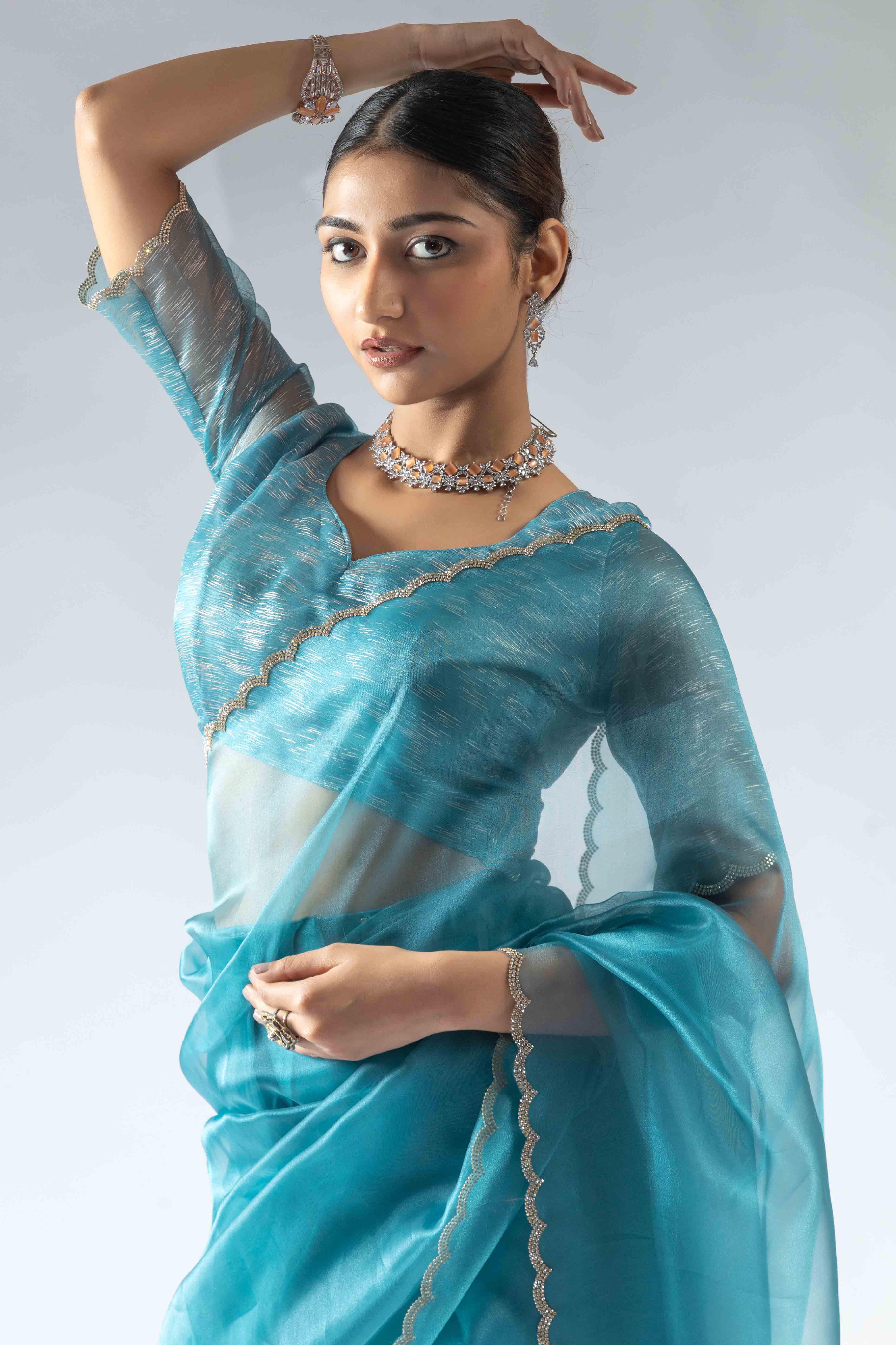 Blue Solid With Intricate Zarkan Border Organza Ready To Wear Saree