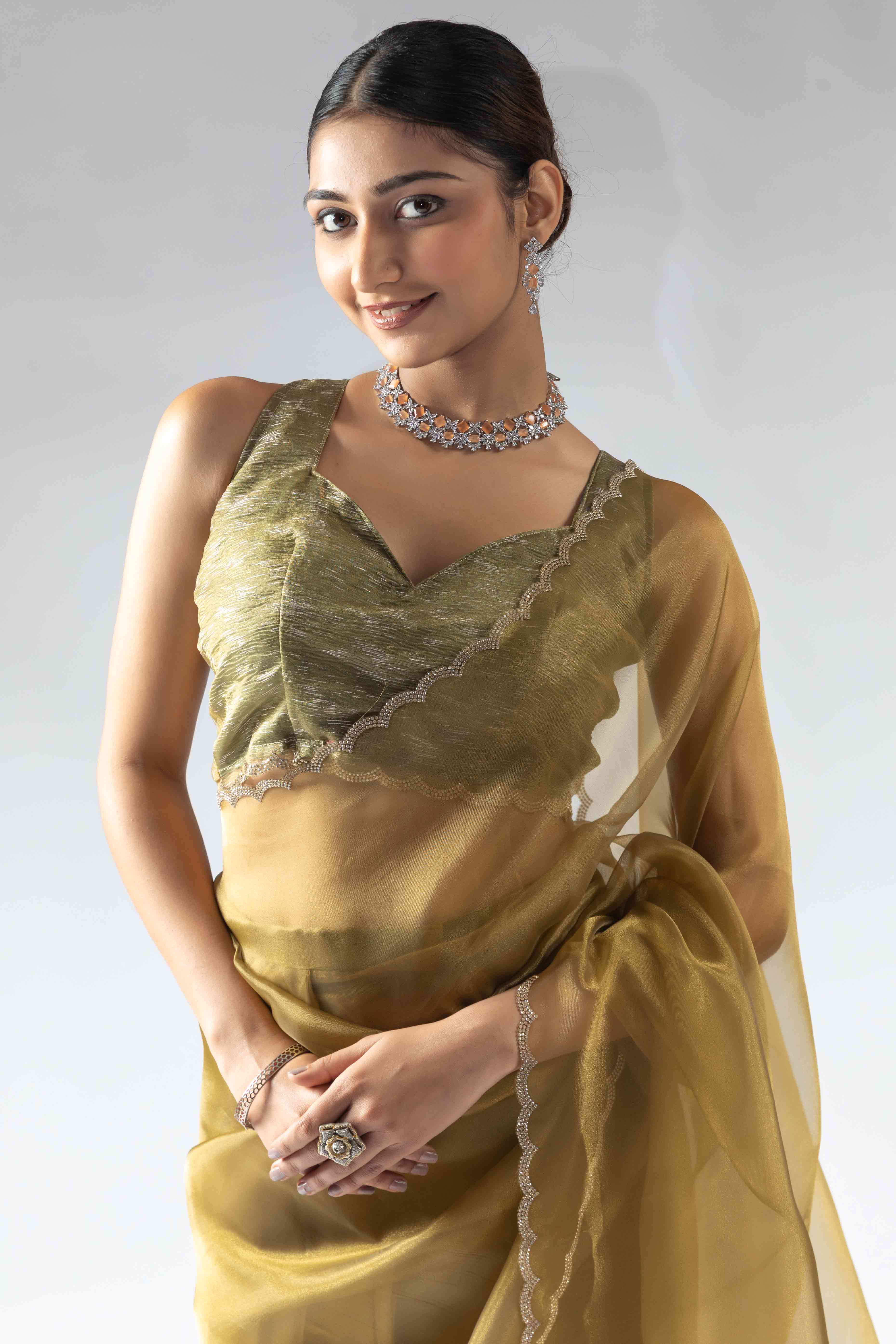 Golden Bronze Solid With Intricate Zarkan Border Organza Ready To Wear Saree