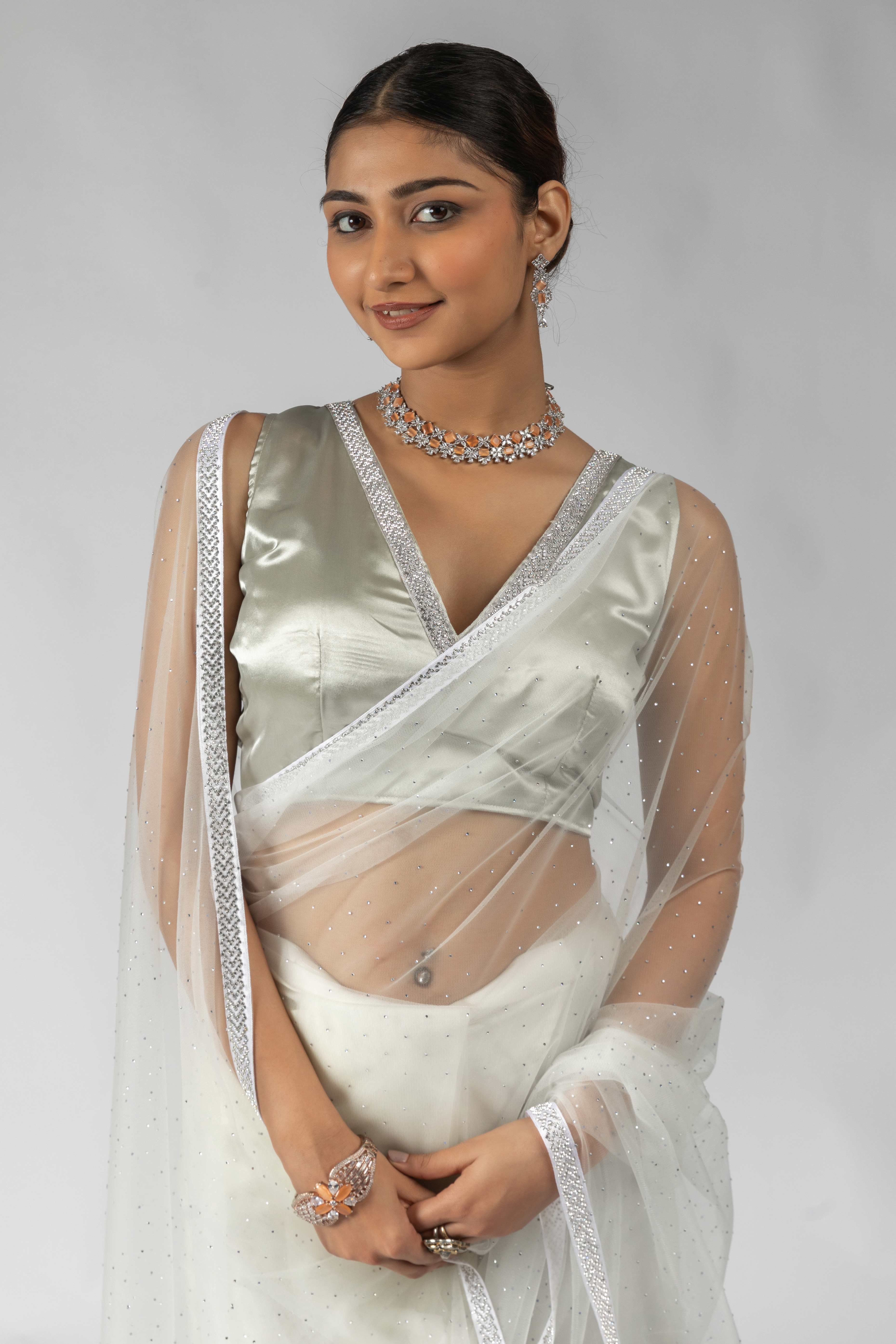 White Intricate Zarkan Detailing Soft Net Ready To Wear Saree