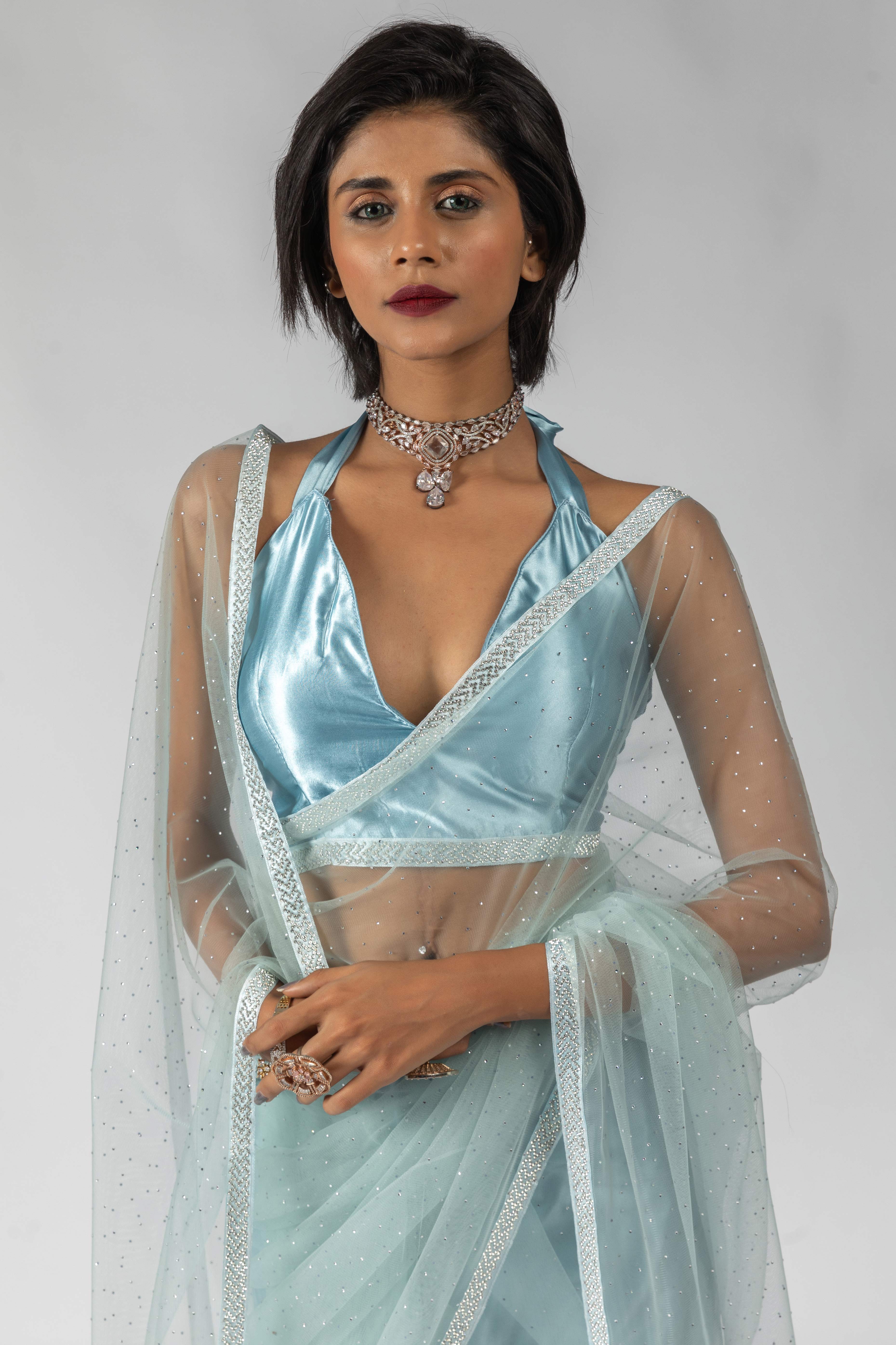 Blue Intricate Zarkan Detailing Soft Net Ready To Wear Saree