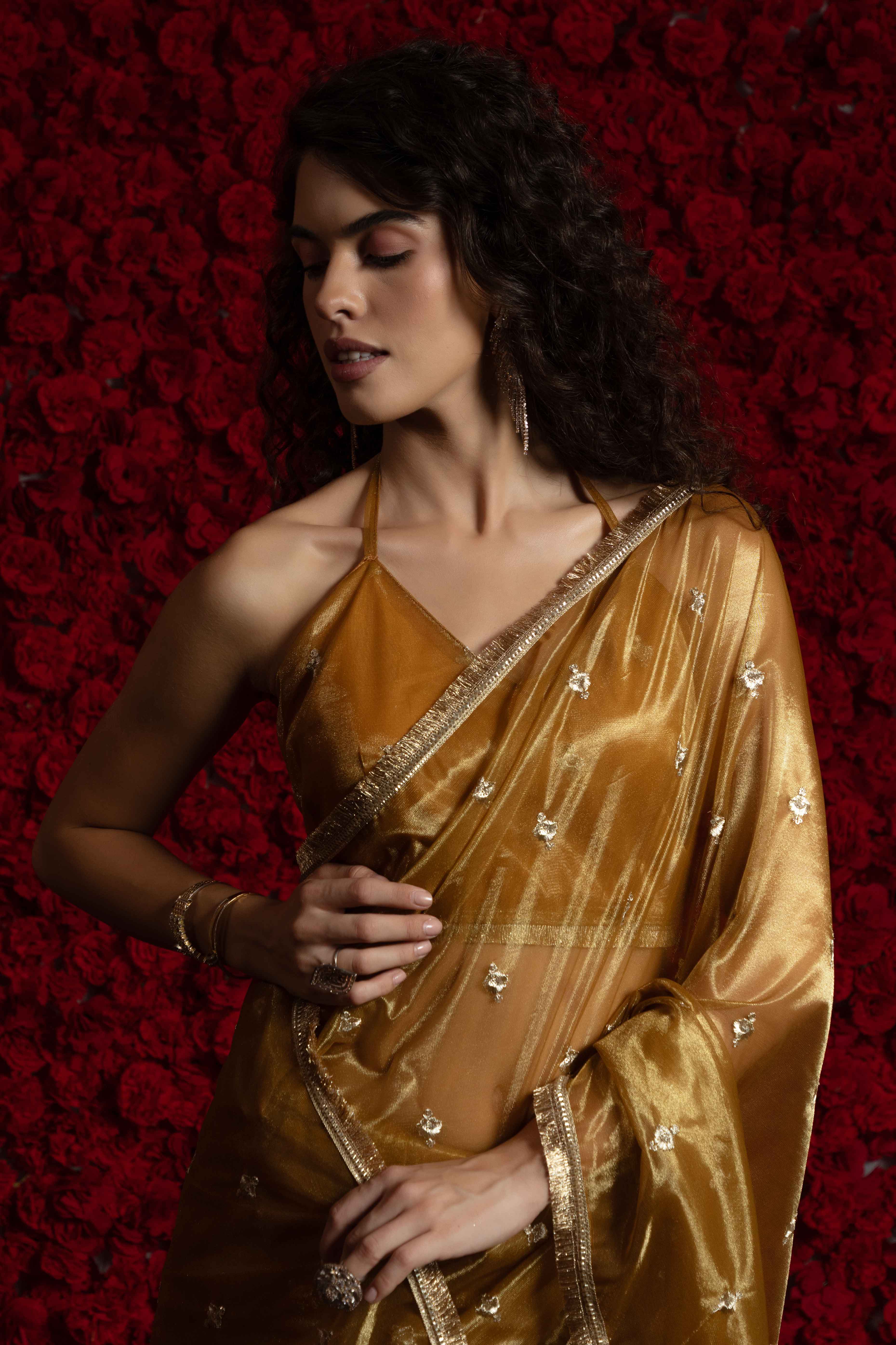 Golden Brown Floral Zari Embroidered Net Organza Saree with Intricate Handwork Lace Border