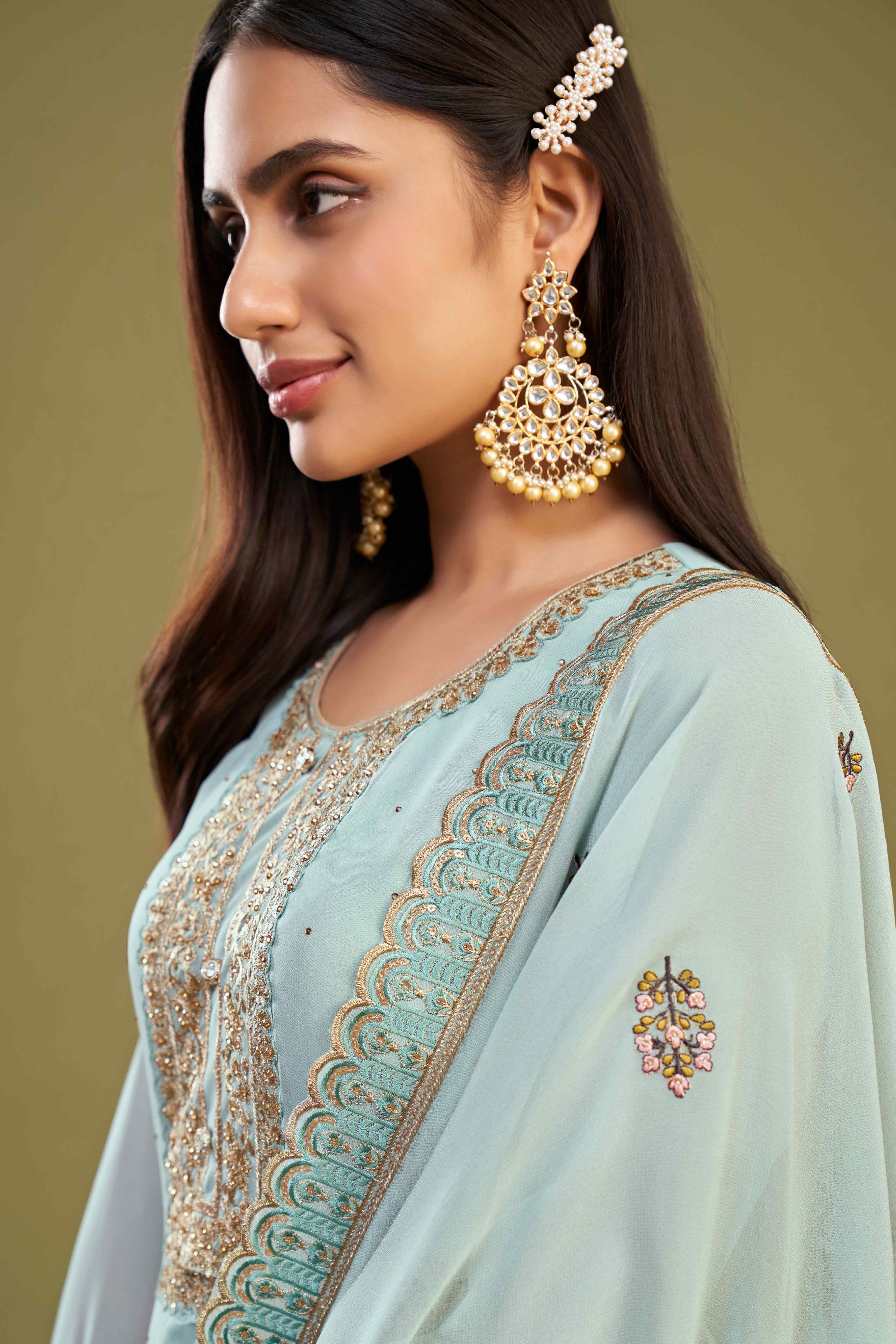 Blue Floral Embroidery With Swarovski Work Georgette Semi Stitched Suit
