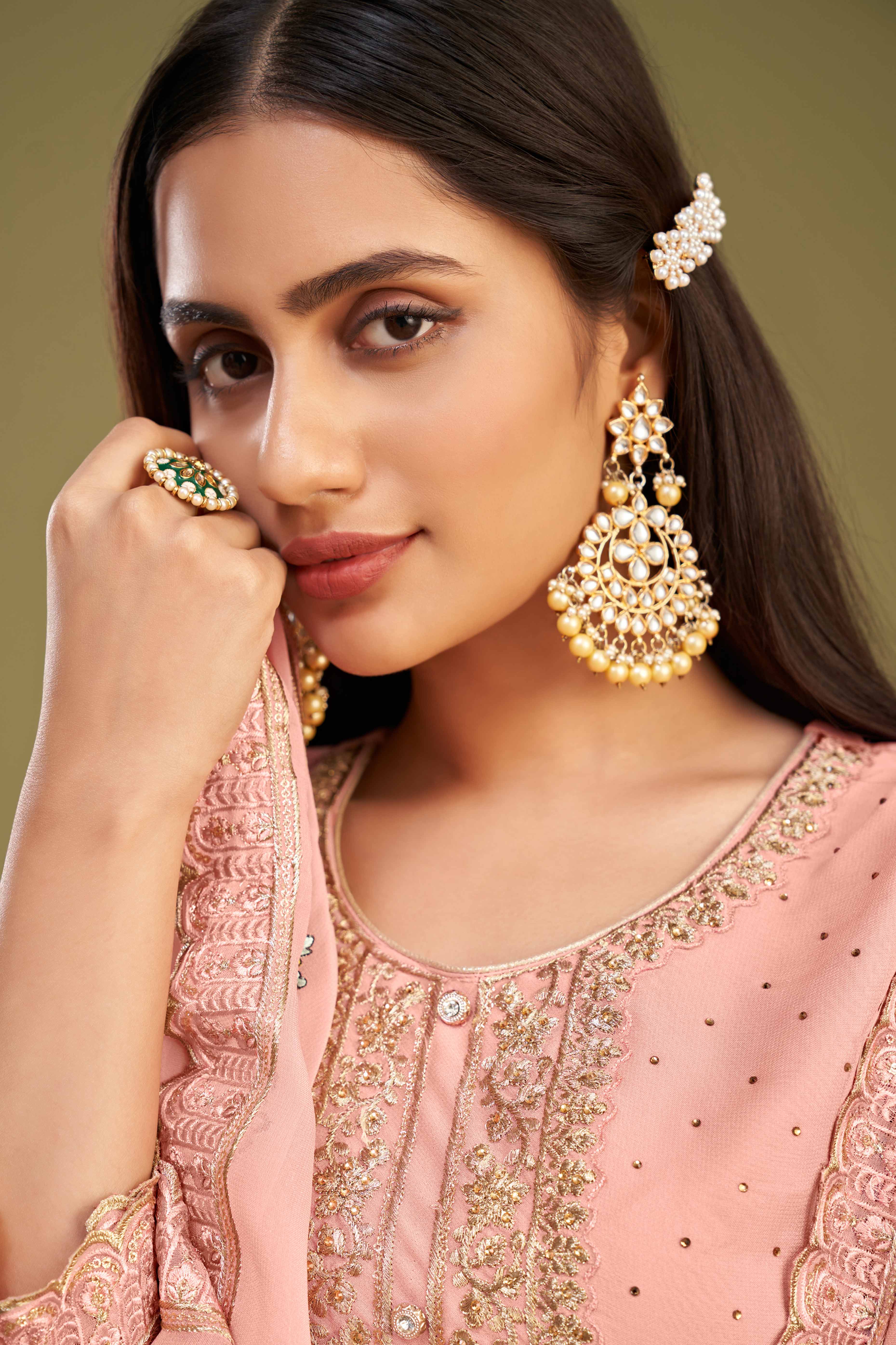 Gajari Pink Floral Embroidery With Swarovski Work Georgette Semi Stitched Suit