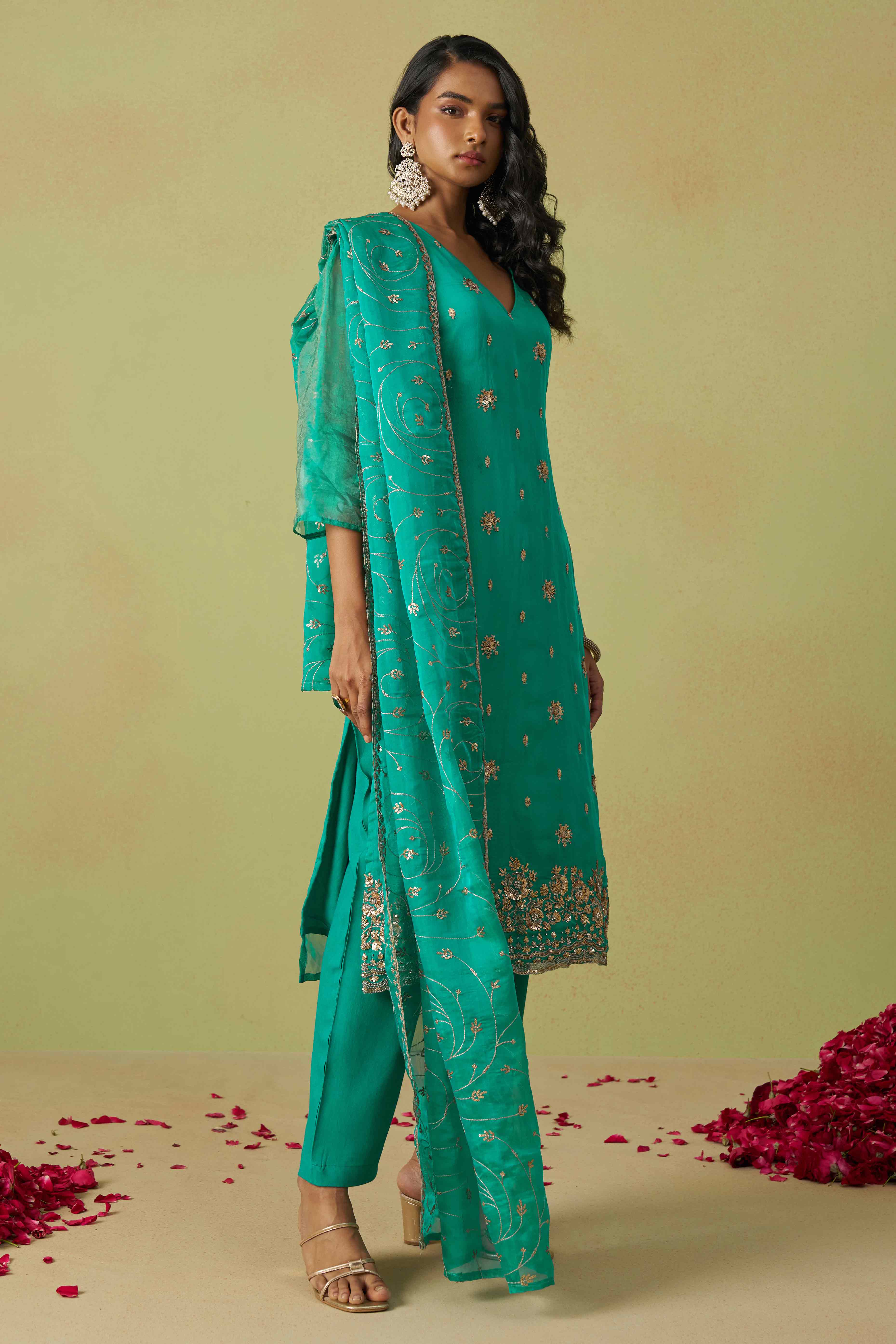 Turquoise Sequins Embroidery With Stonework Organza Shimmer Semi Stitched Suit