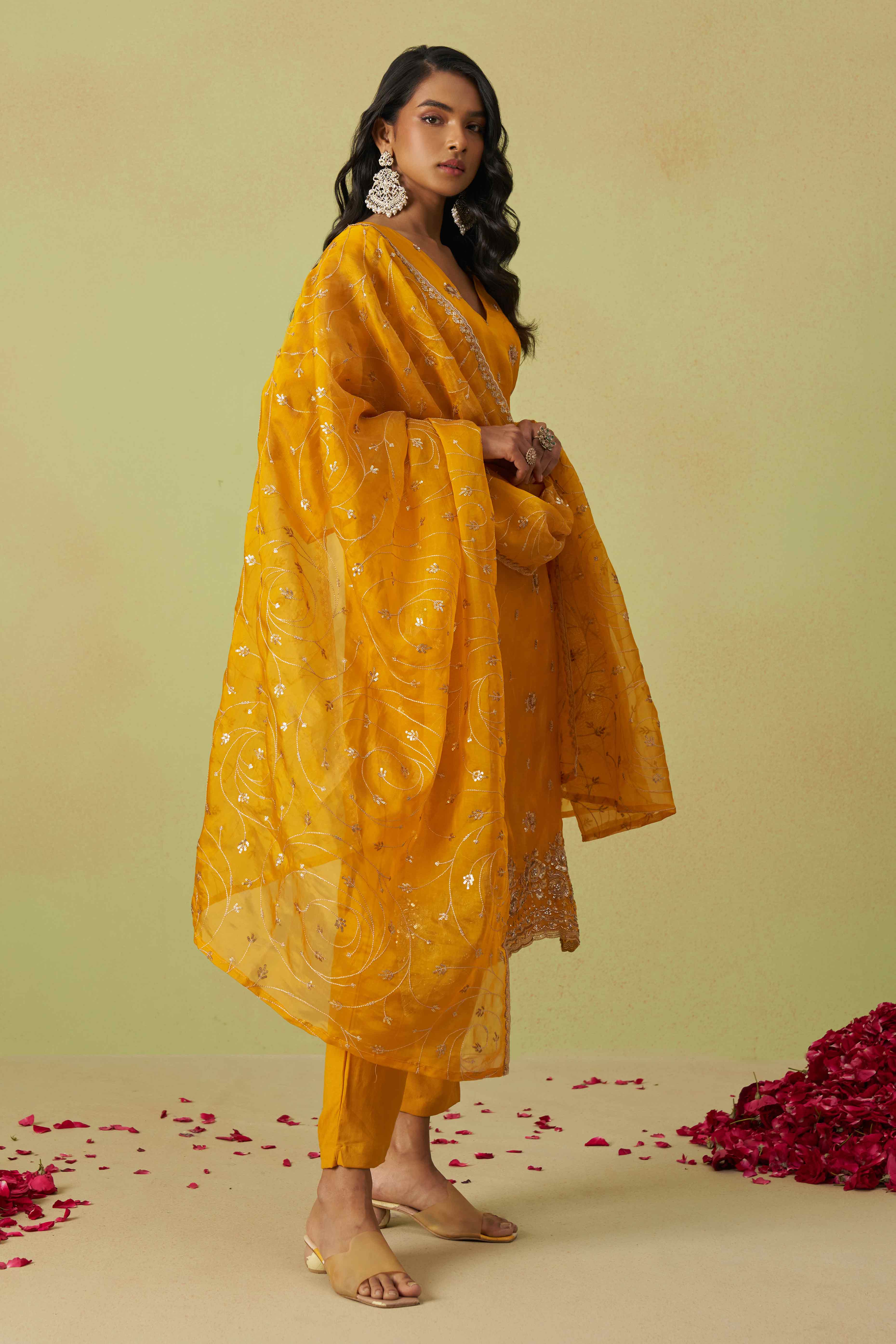 Mustard Sequins Embroidery With Stonework Organza Shimmer Semi Stitched Suit