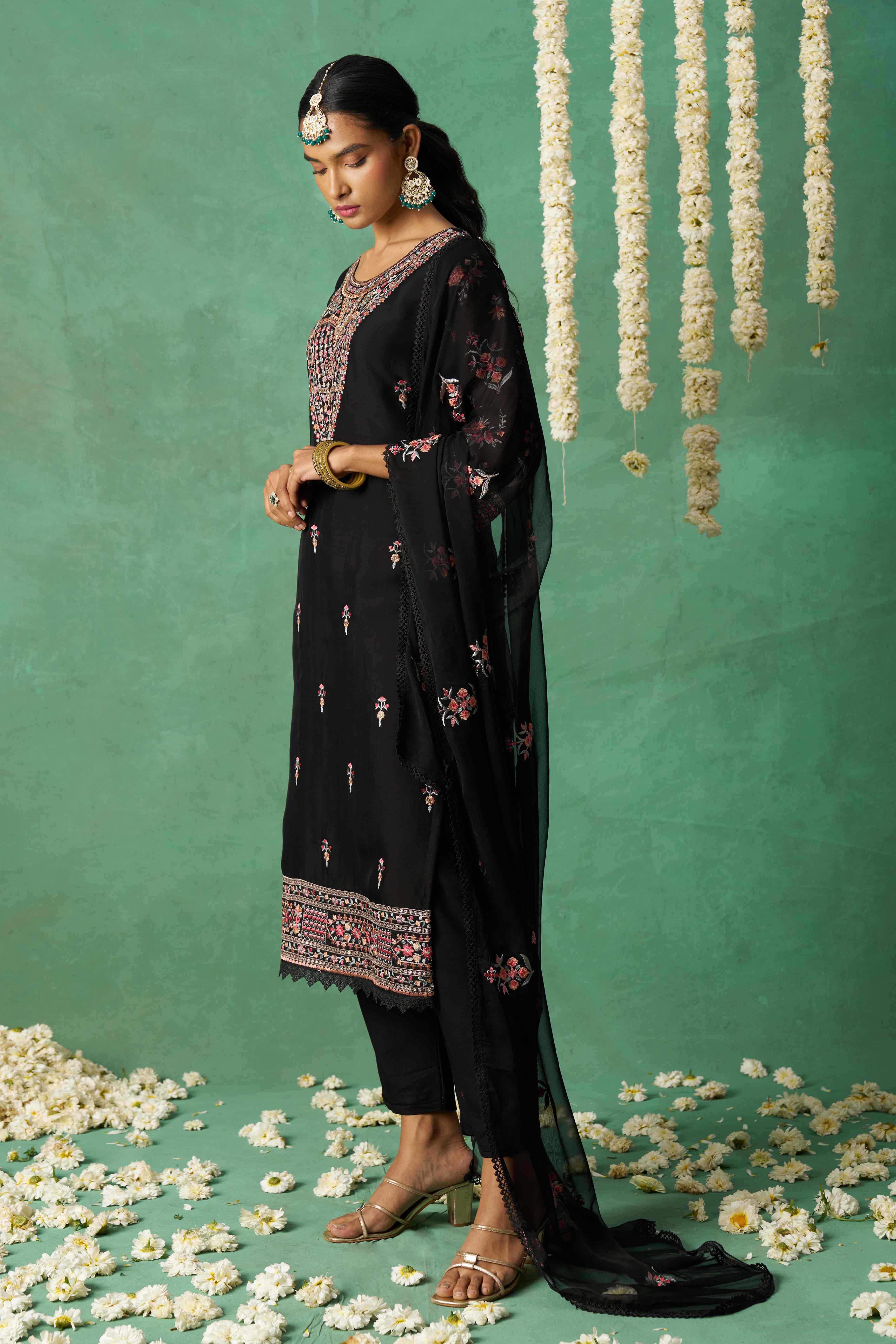 Black Floral Sequins Embroidered Organza Semi Stitched Suit
