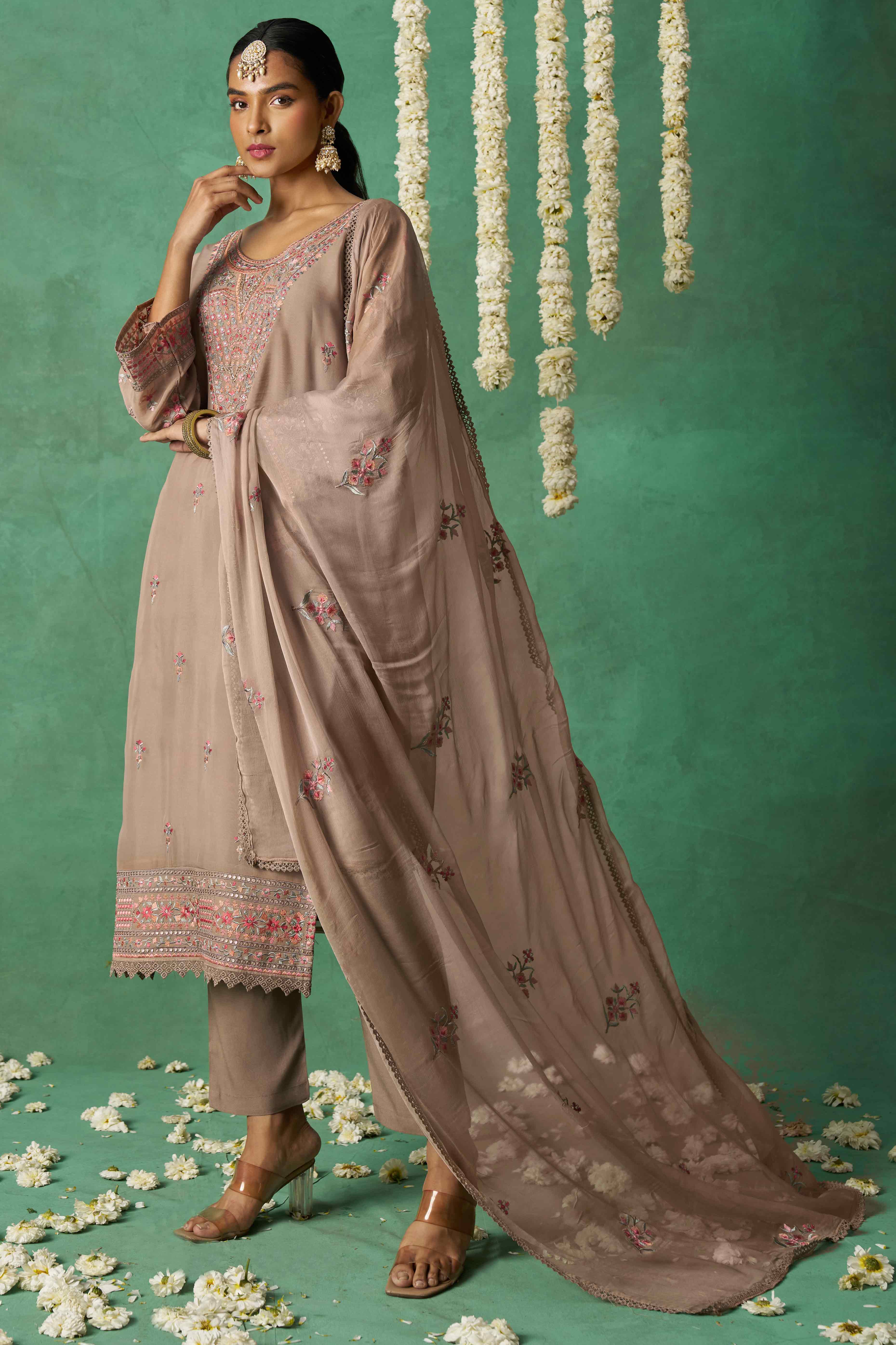 Chikoo Floral Sequins Embroidered Organza Semi Stitched Suit