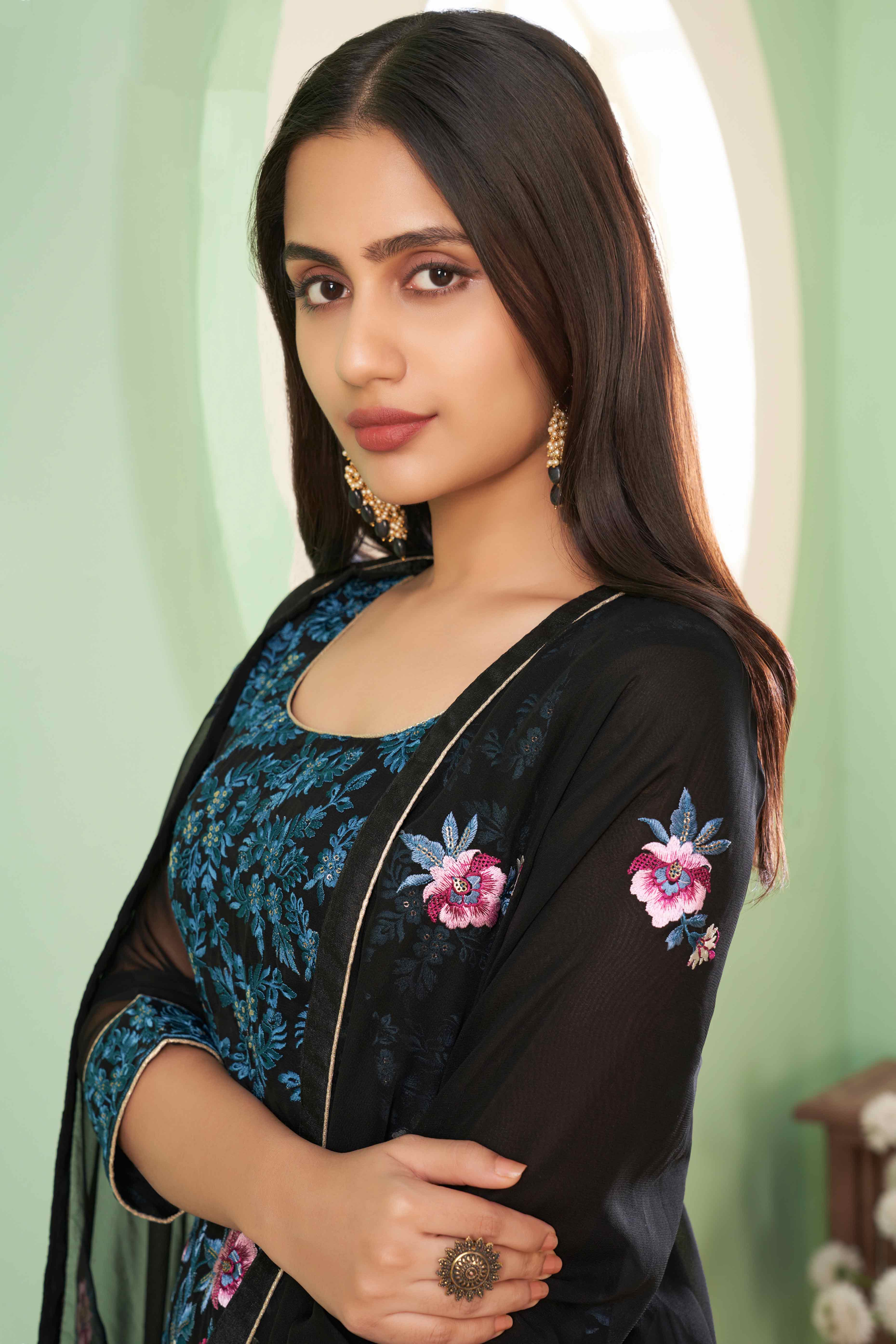 Black Floral Sequins Embroidered Georgette Semi Stitched Suit