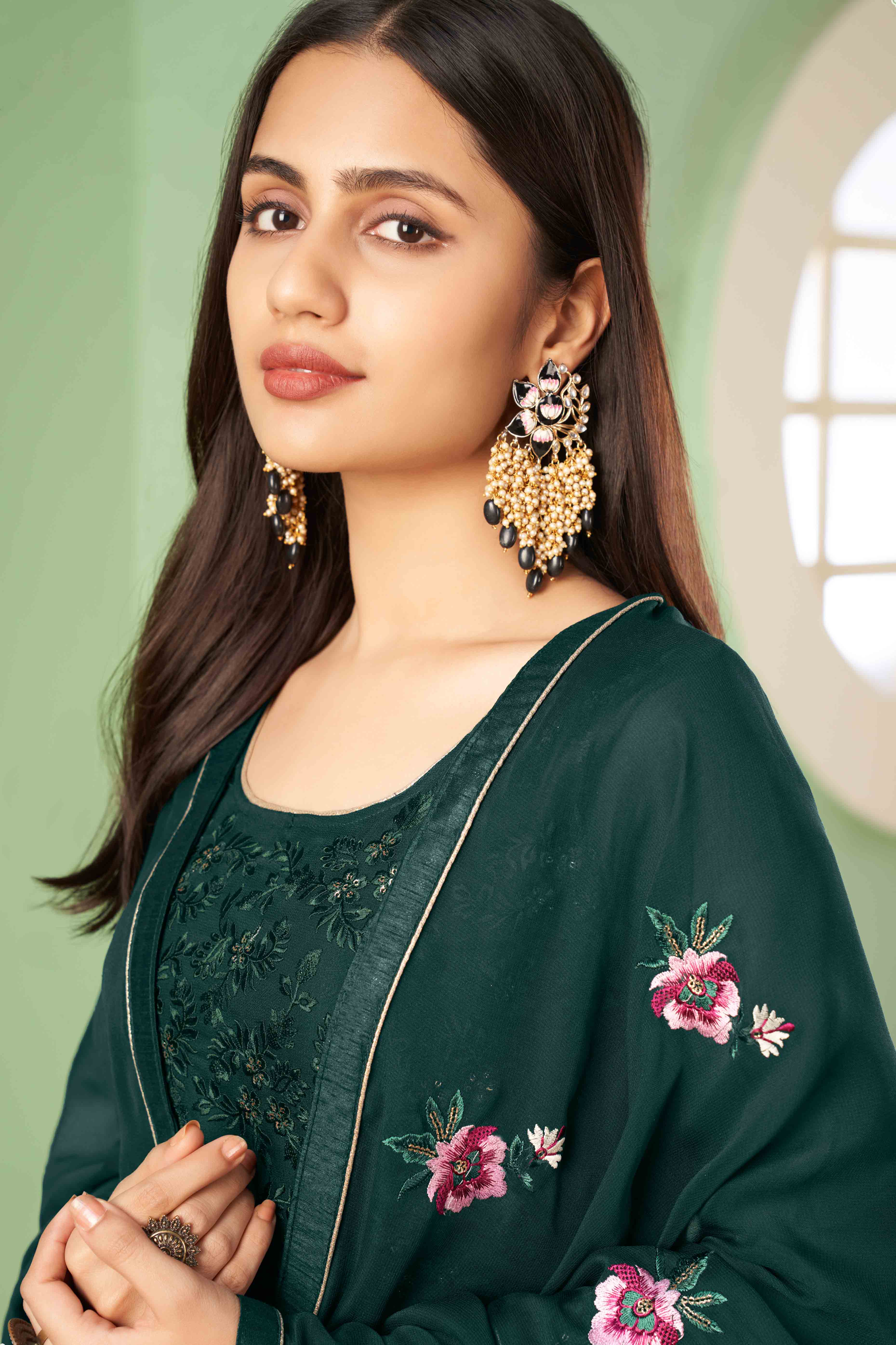 Green Floral Sequins Embroidered Georgette Semi Stitched Suit