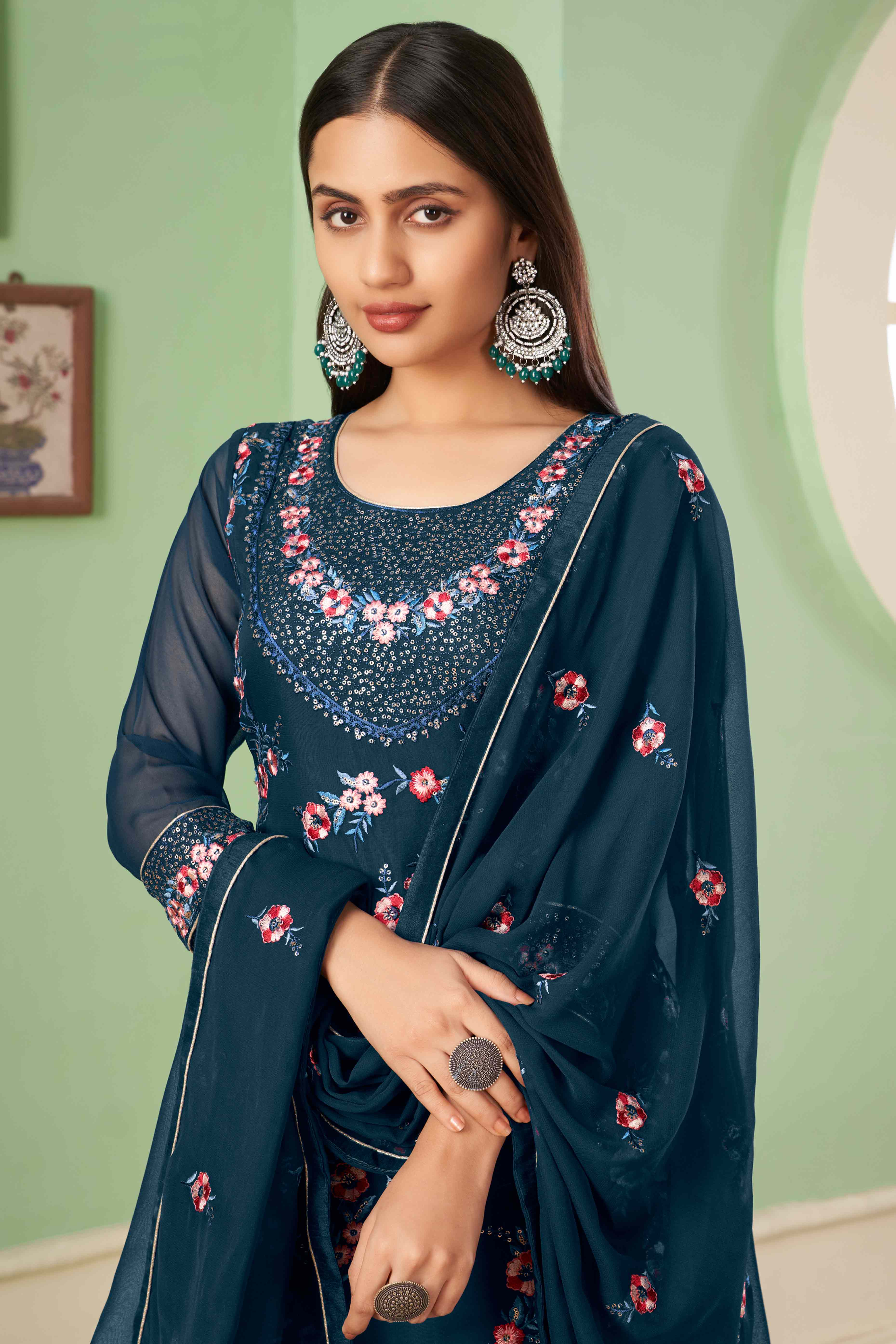 Blue Floral Sequins Embroidered Georgette Semi Stitched Suit