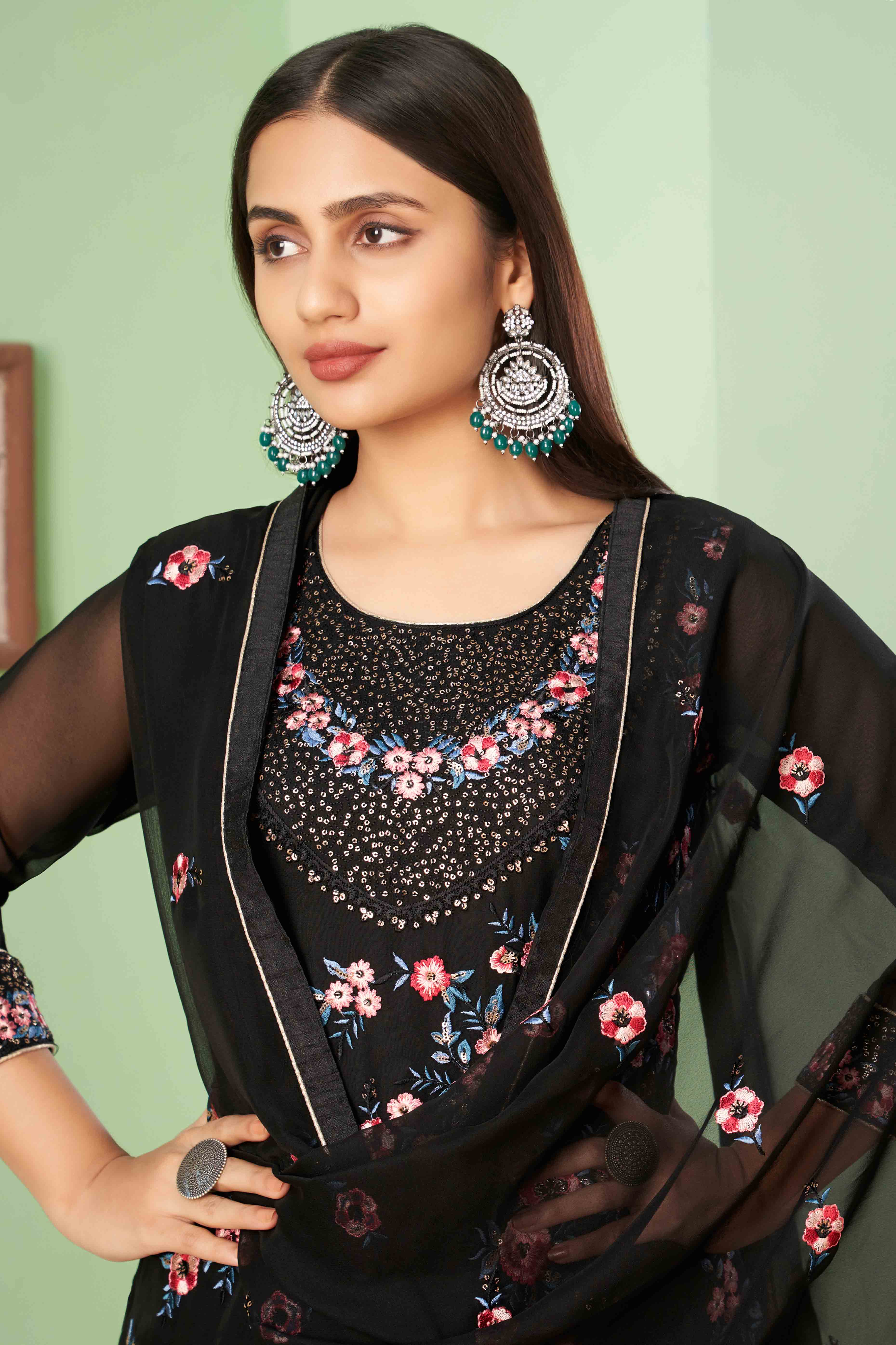 Black Floral Sequins Embroidered Georgette Semi Stitched Suit