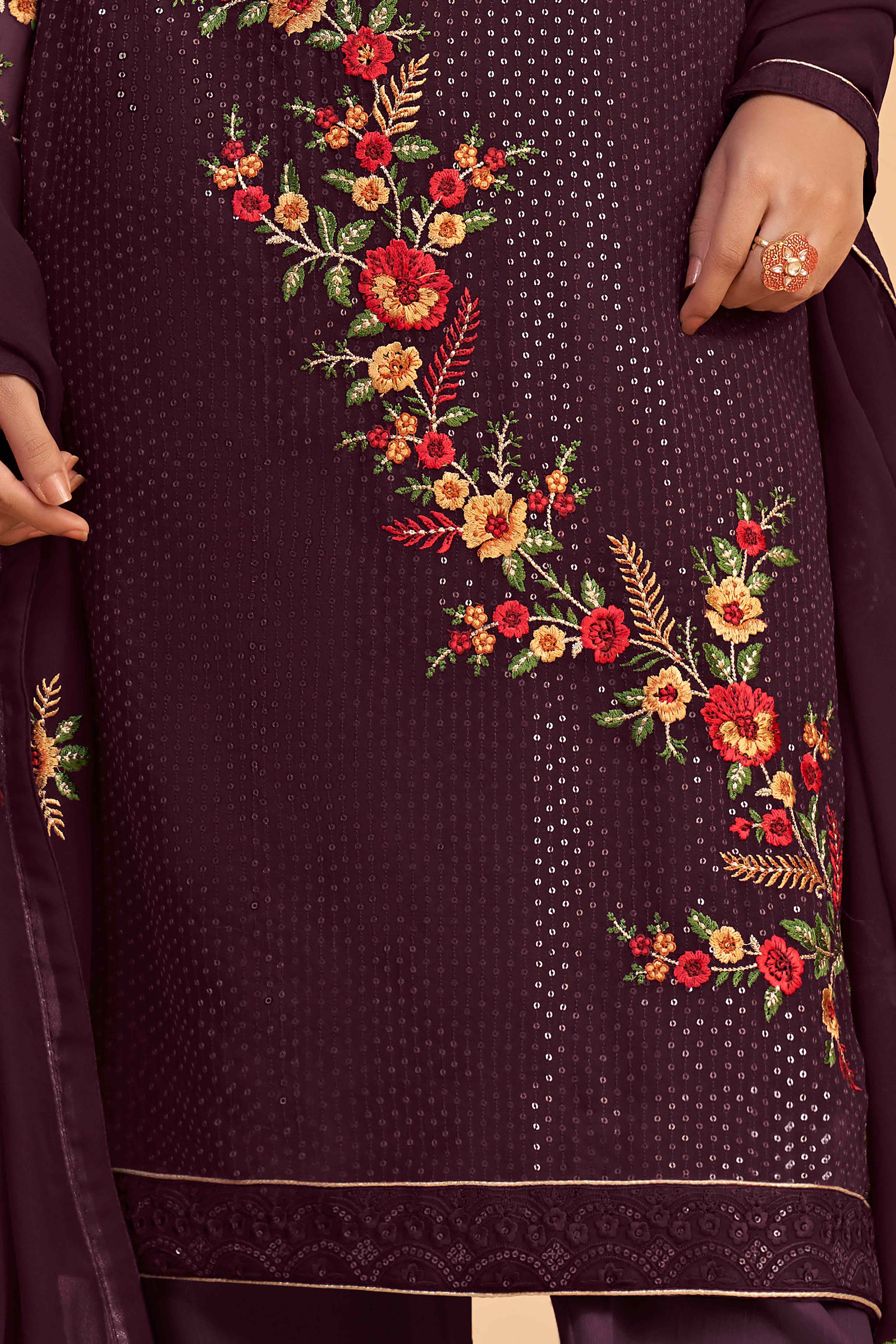 Wine Floral Sequins Embroidered Georgette Semi Stitched Suit