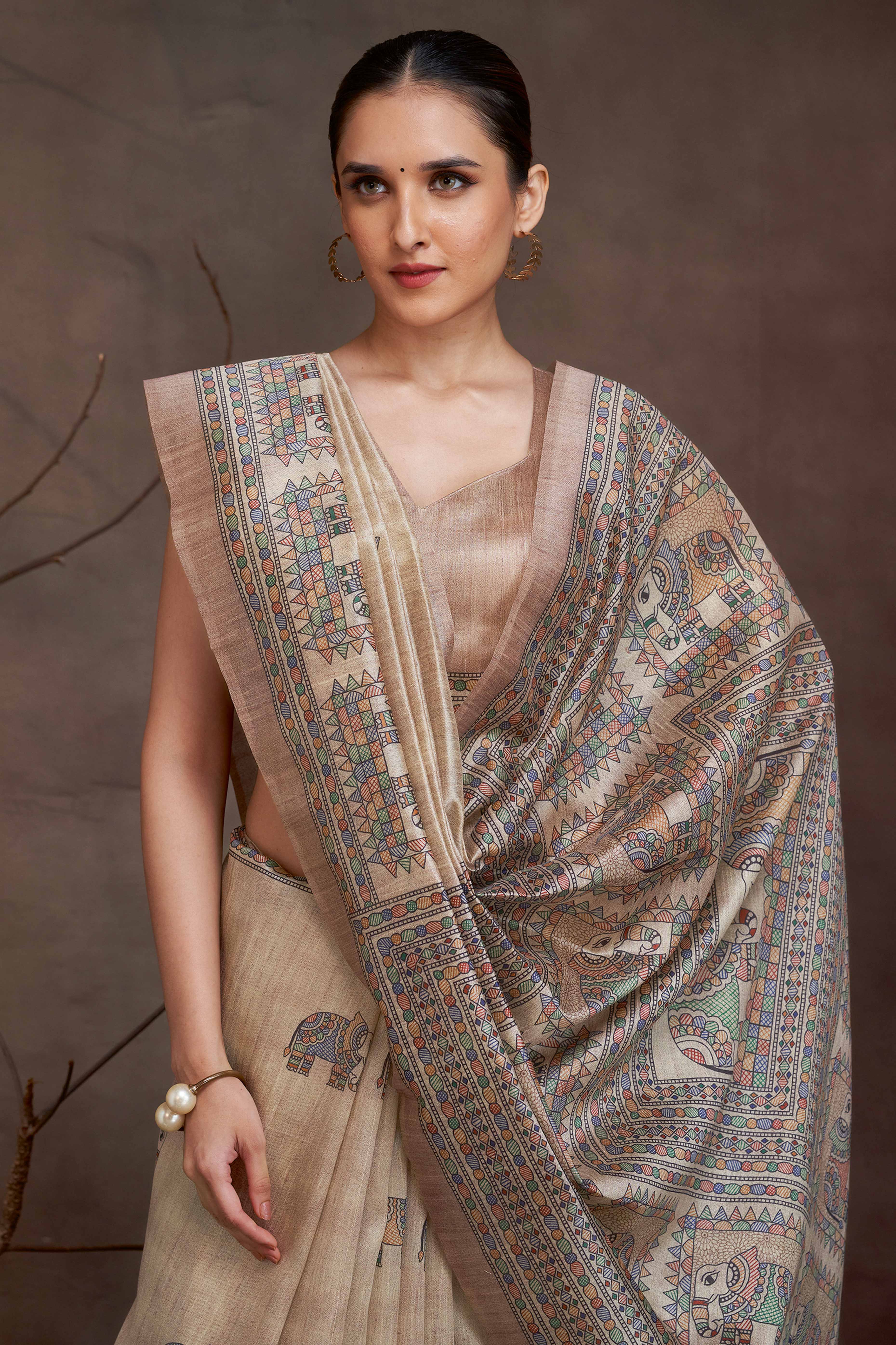 Floral Elegance in Beige Madhubani Print on Soft Cotton Silk