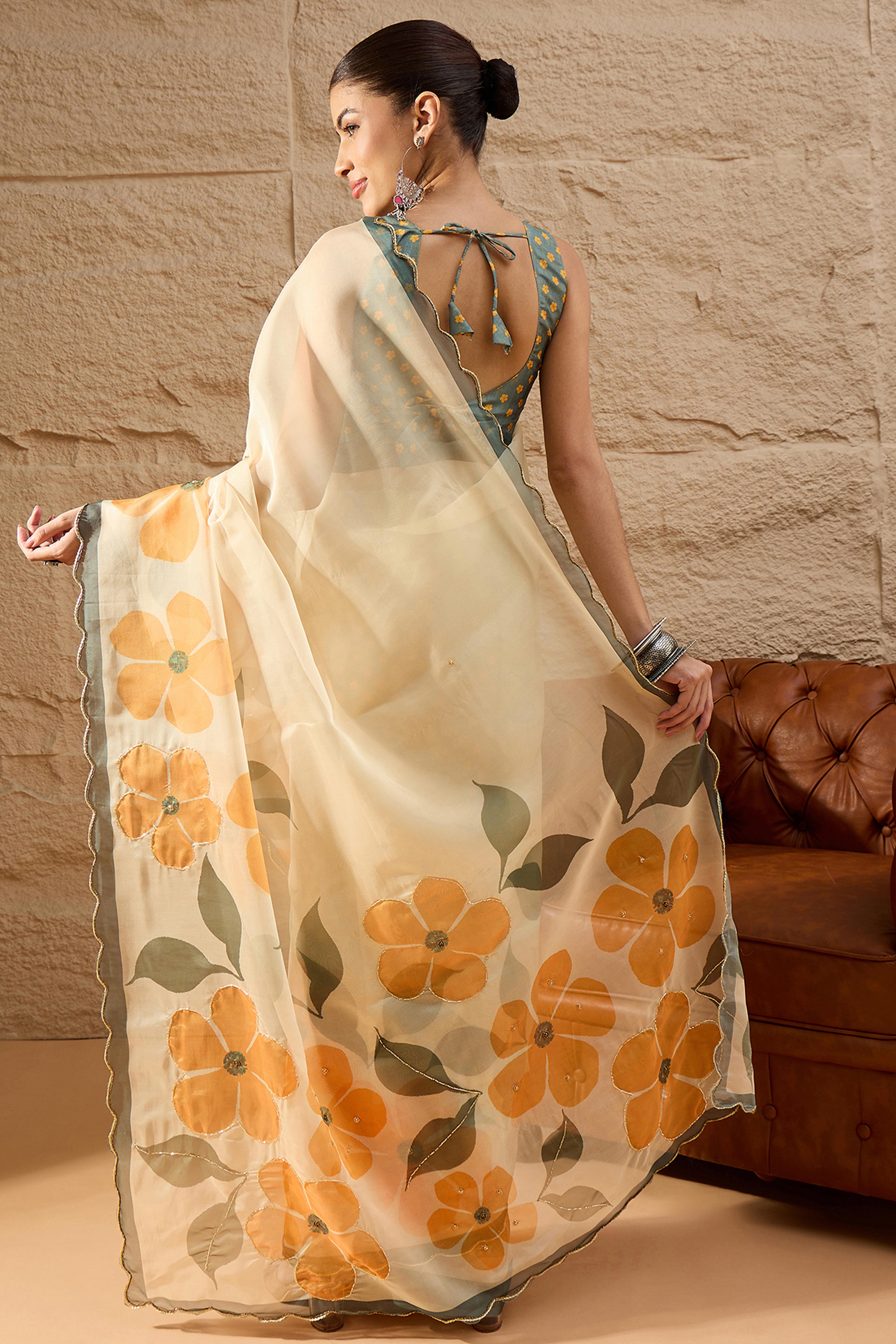 Cream Floral Printed Saree in Sheer Organza Blend Fabric with Handcrafted Beads Work