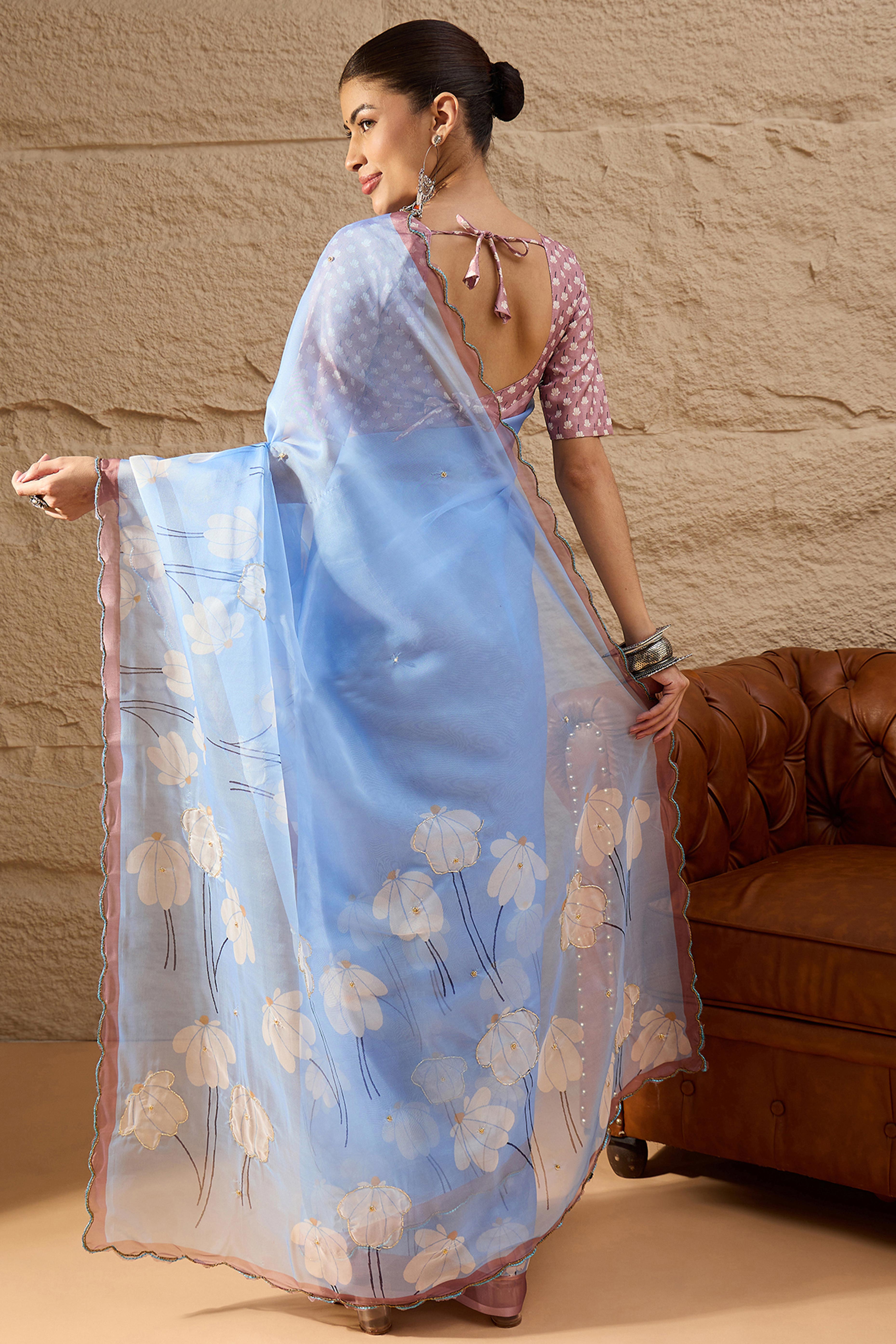 Gorgeous Light Blue Floral Printed Saree in Sheer Organza Blend Fabric with Handcrafted Beads Work
