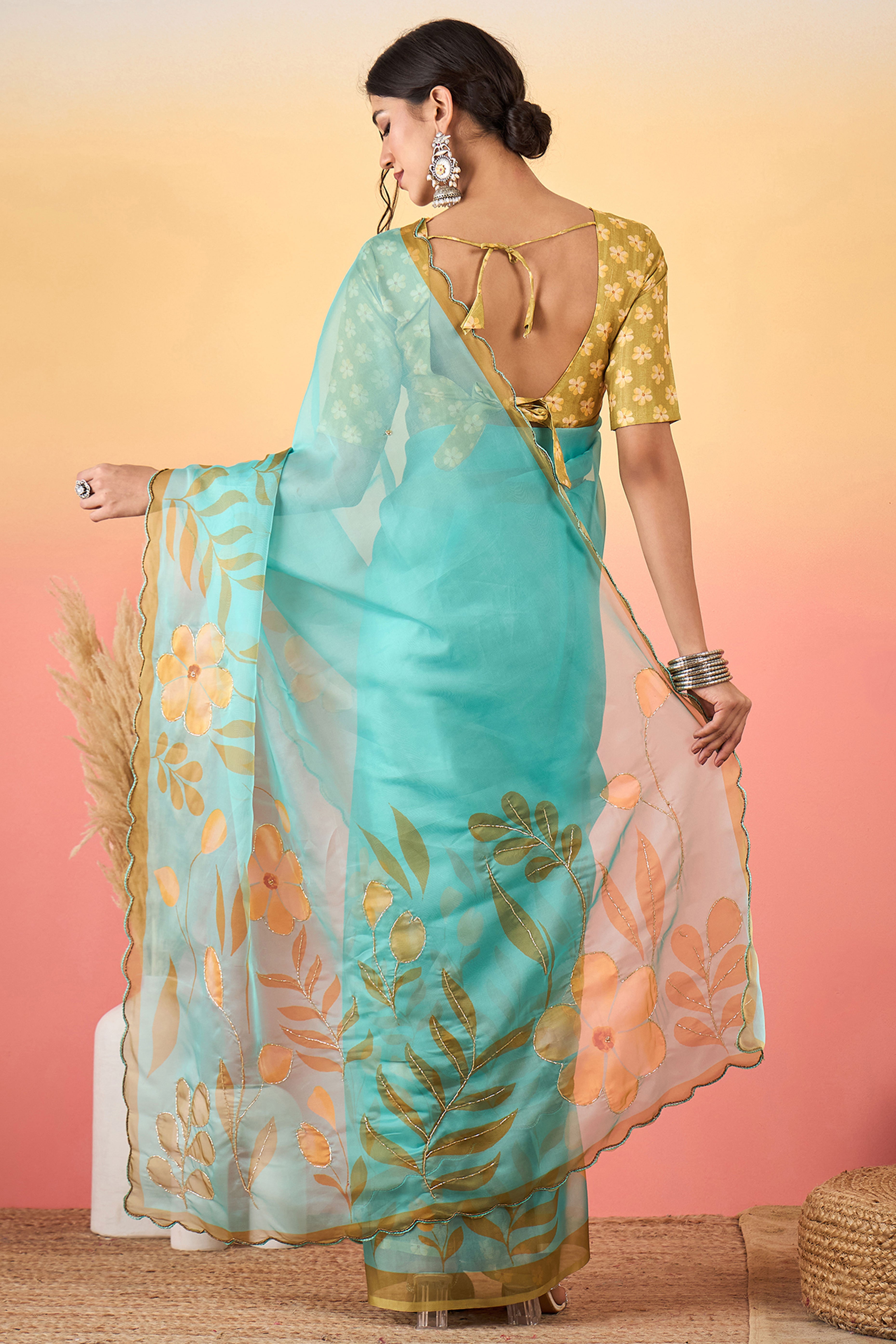 Gorgeous Turquoise Floral Printed Saree in Sheer Organza Blend Fabric with Handcrafted Beads Work
