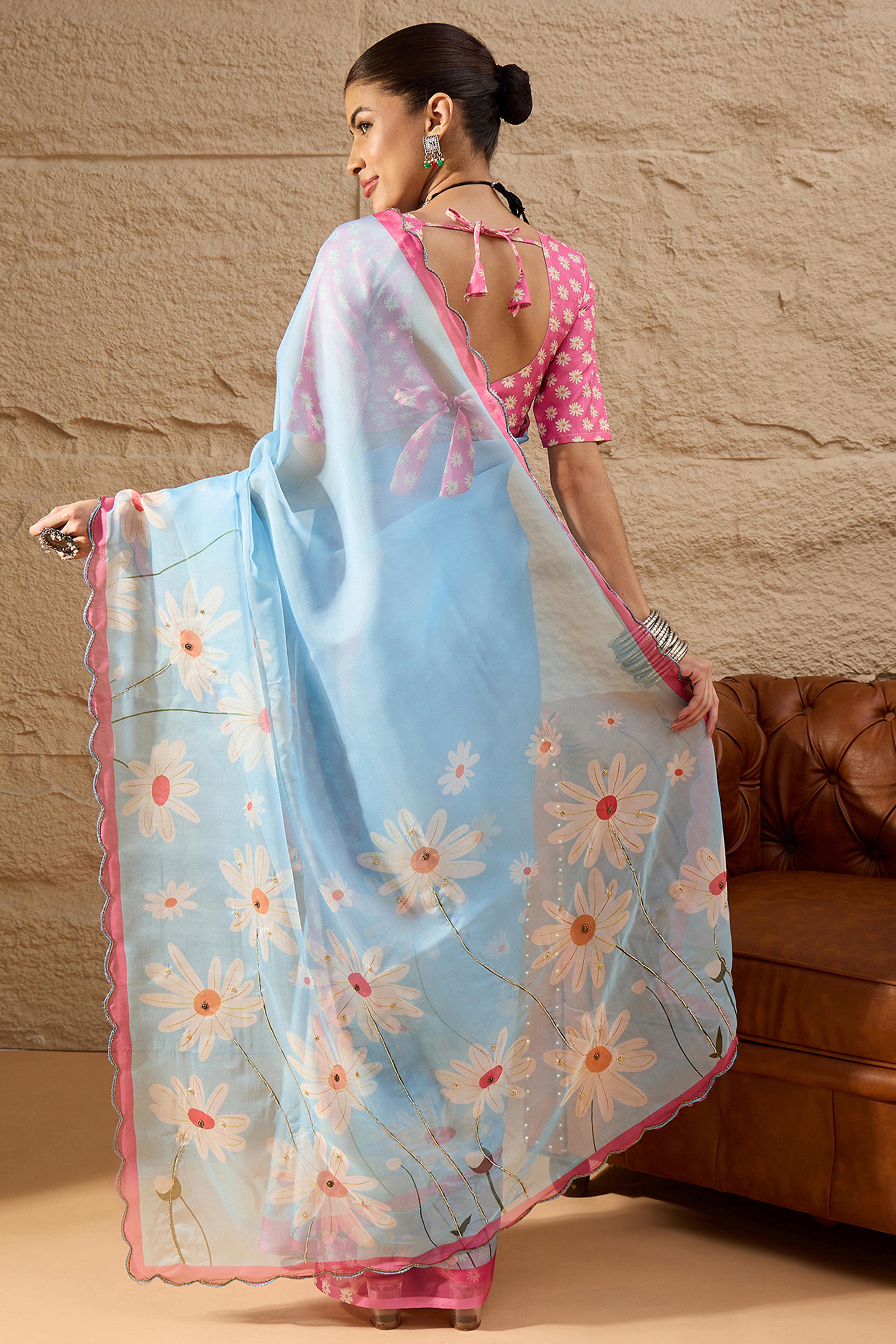 Sky Blue Floral Printed Saree in Sheer Organza Blend Fabric with Handcrafted Beads Work