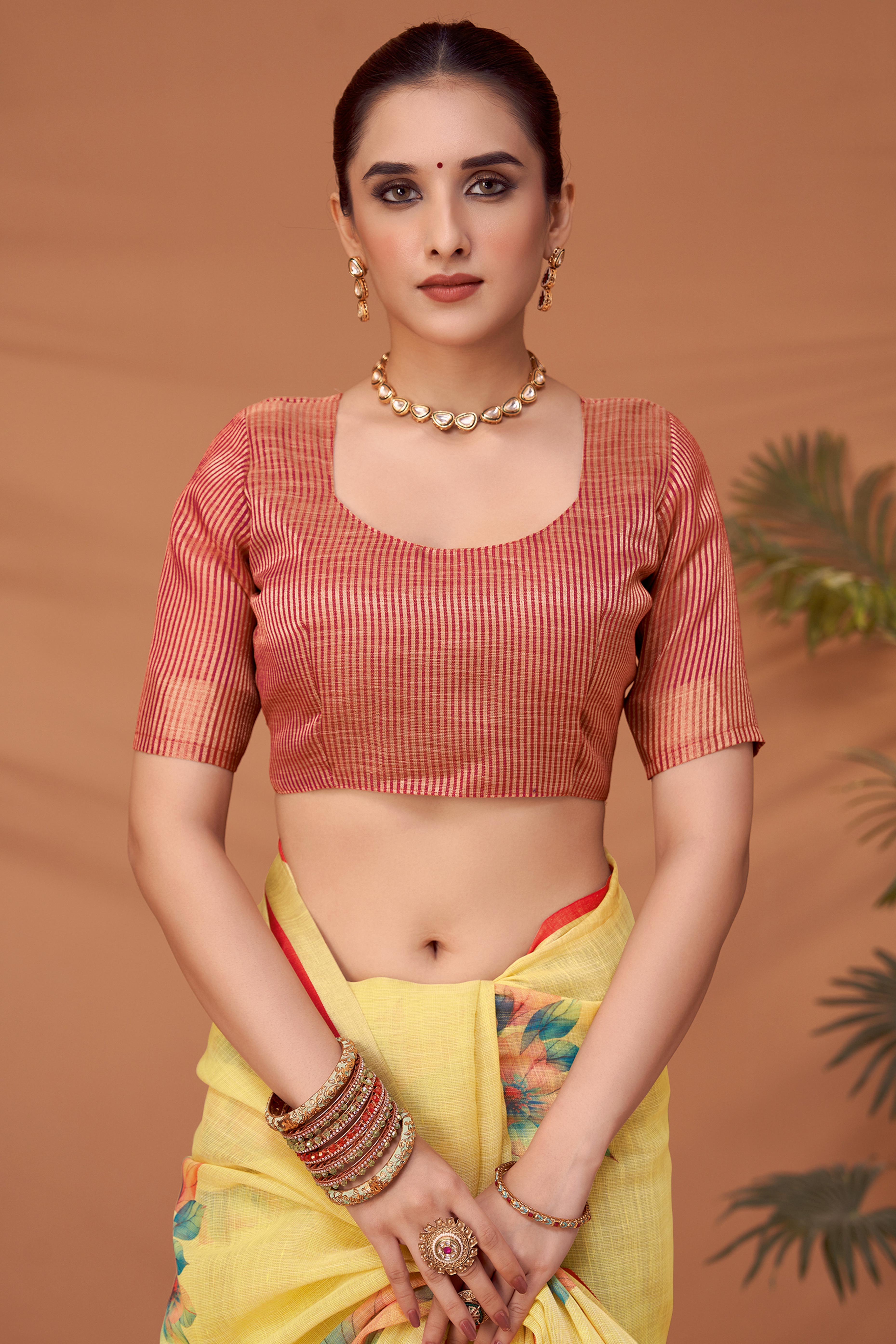 Yellow Woven Floral Printed Linen Blend Saree with Soft Elegant Texture