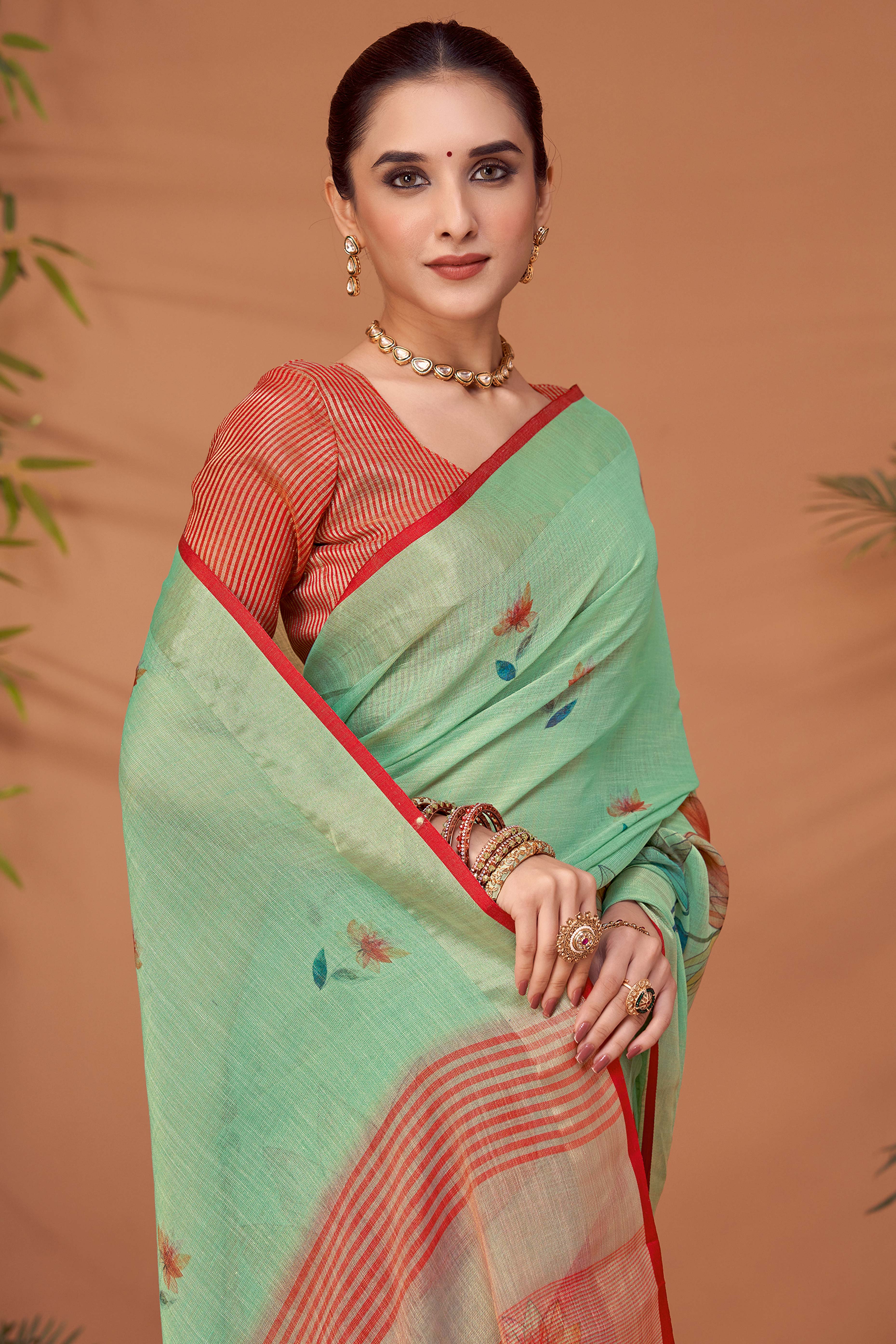 Pista Green Woven Floral Printed Linen Blend Saree with Soft Elegant Texture