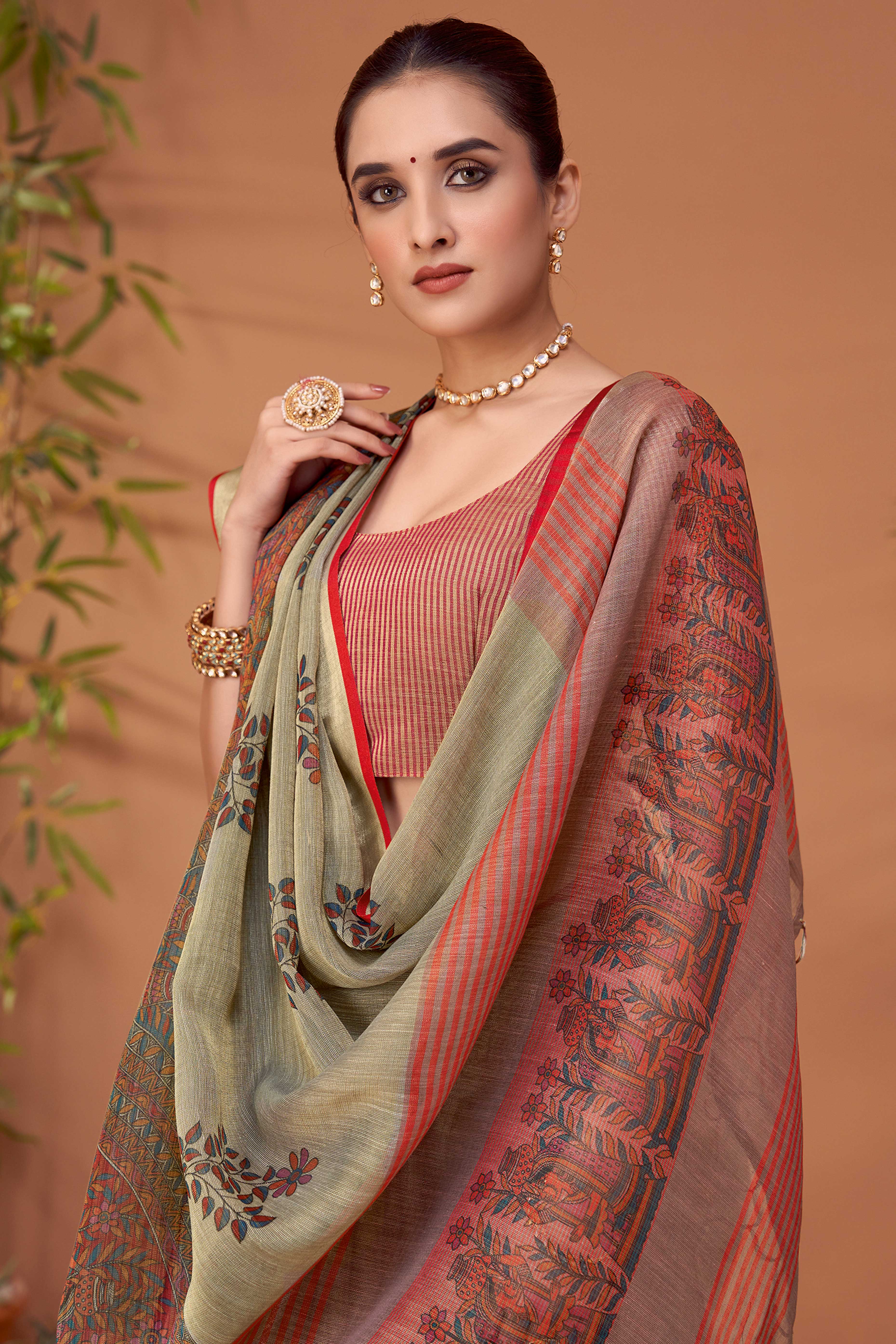 Sage Green Woven Floral Printed Linen Blend Saree with Soft Elegant Texture