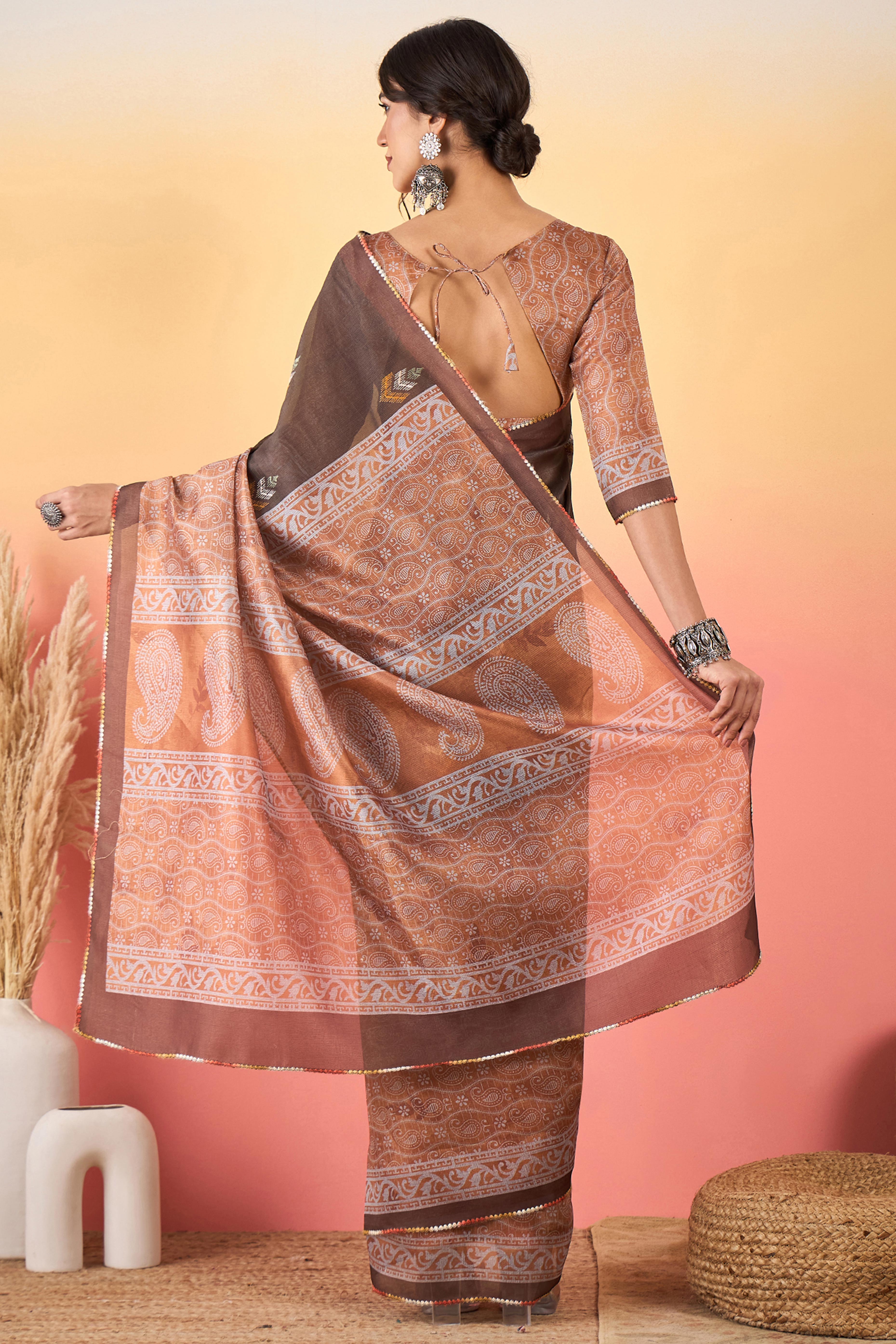 Brown Floral Embroidered Saree Made from Premium Lightweight Silk Blend Material