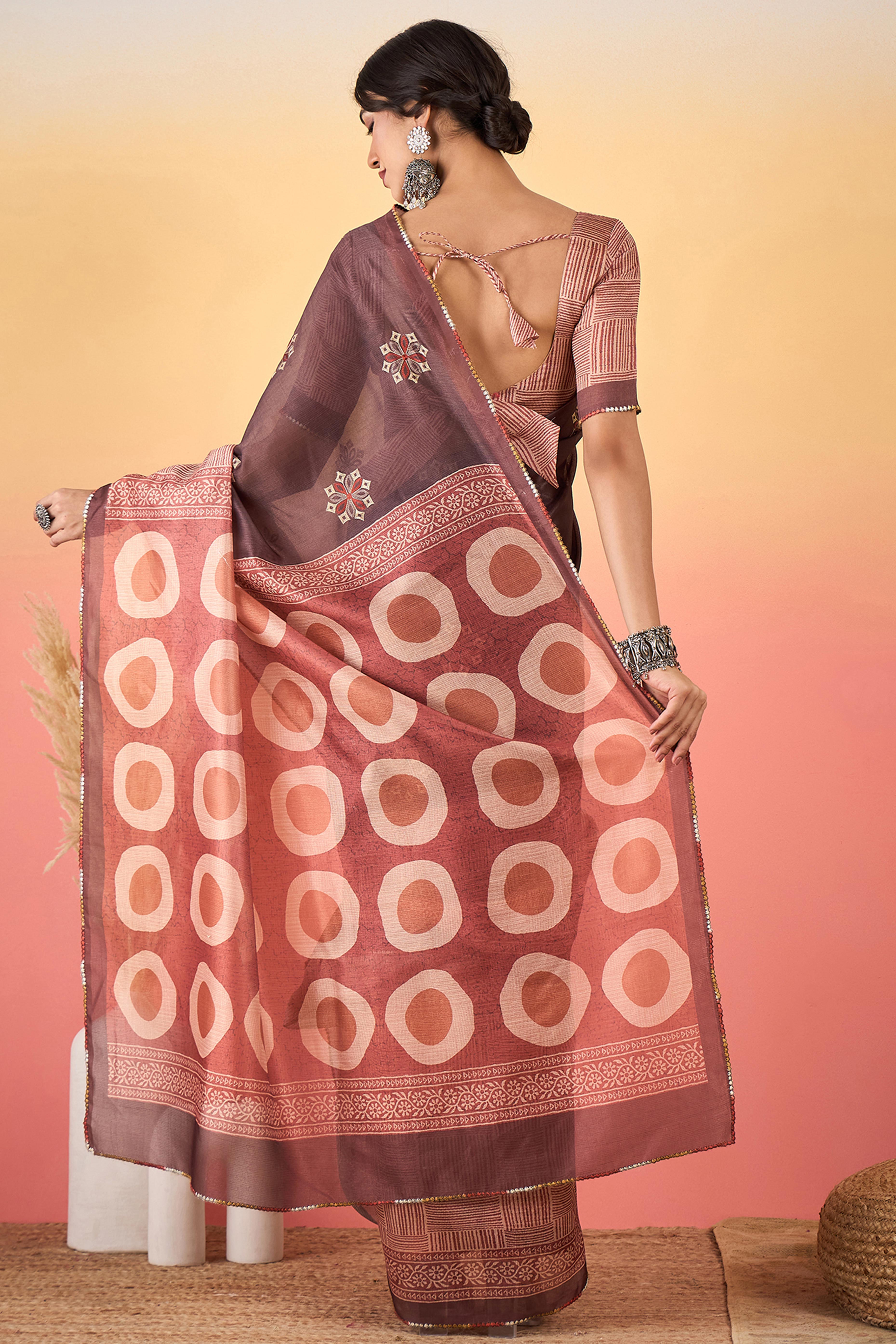 Light Coffee Brown Floral Embroidered Saree Made from Premium Lightweight Silk Blend Material