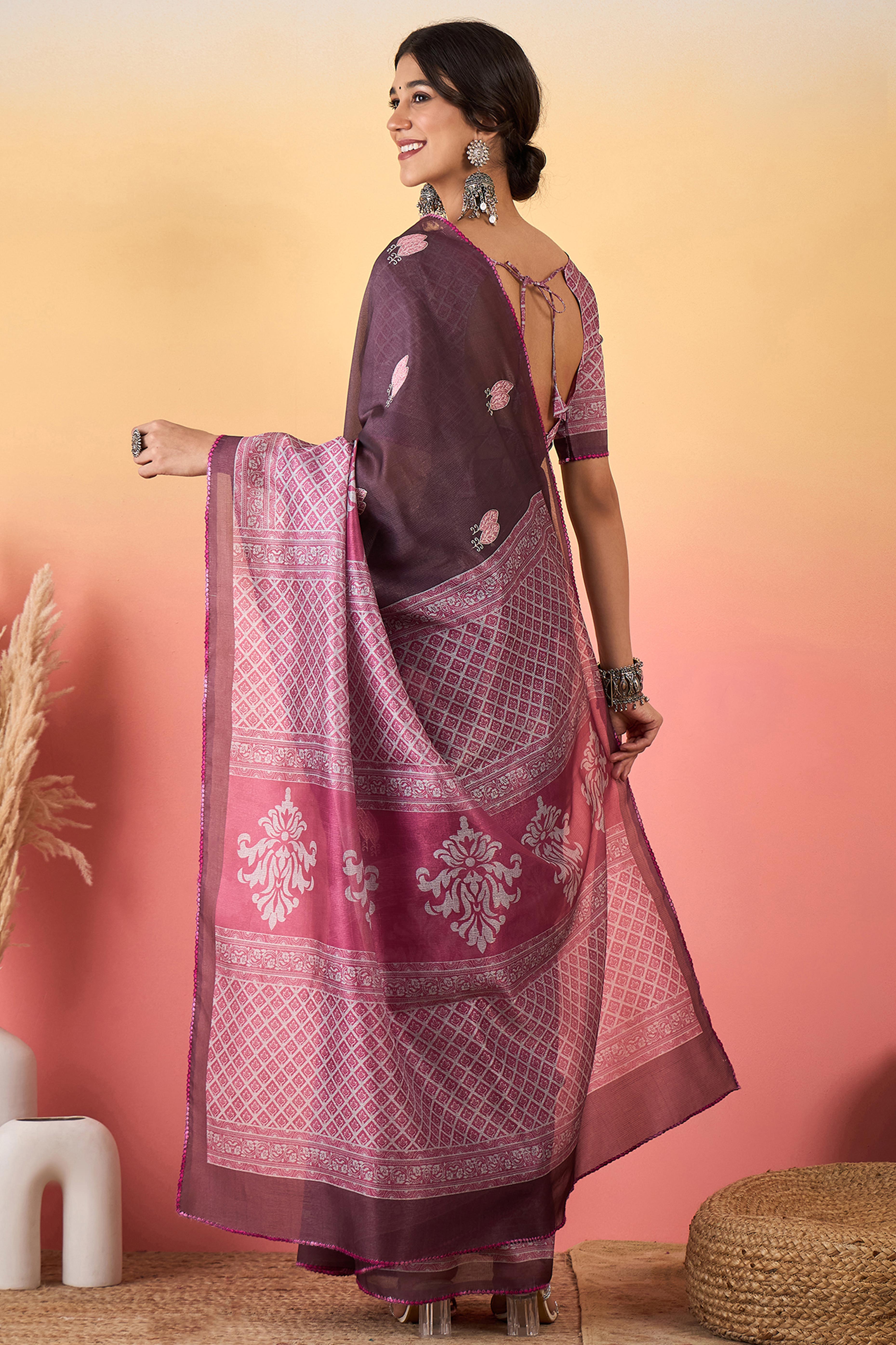 Wine Floral Embroidered Saree Made from Premium Lightweight Silk Blend Material