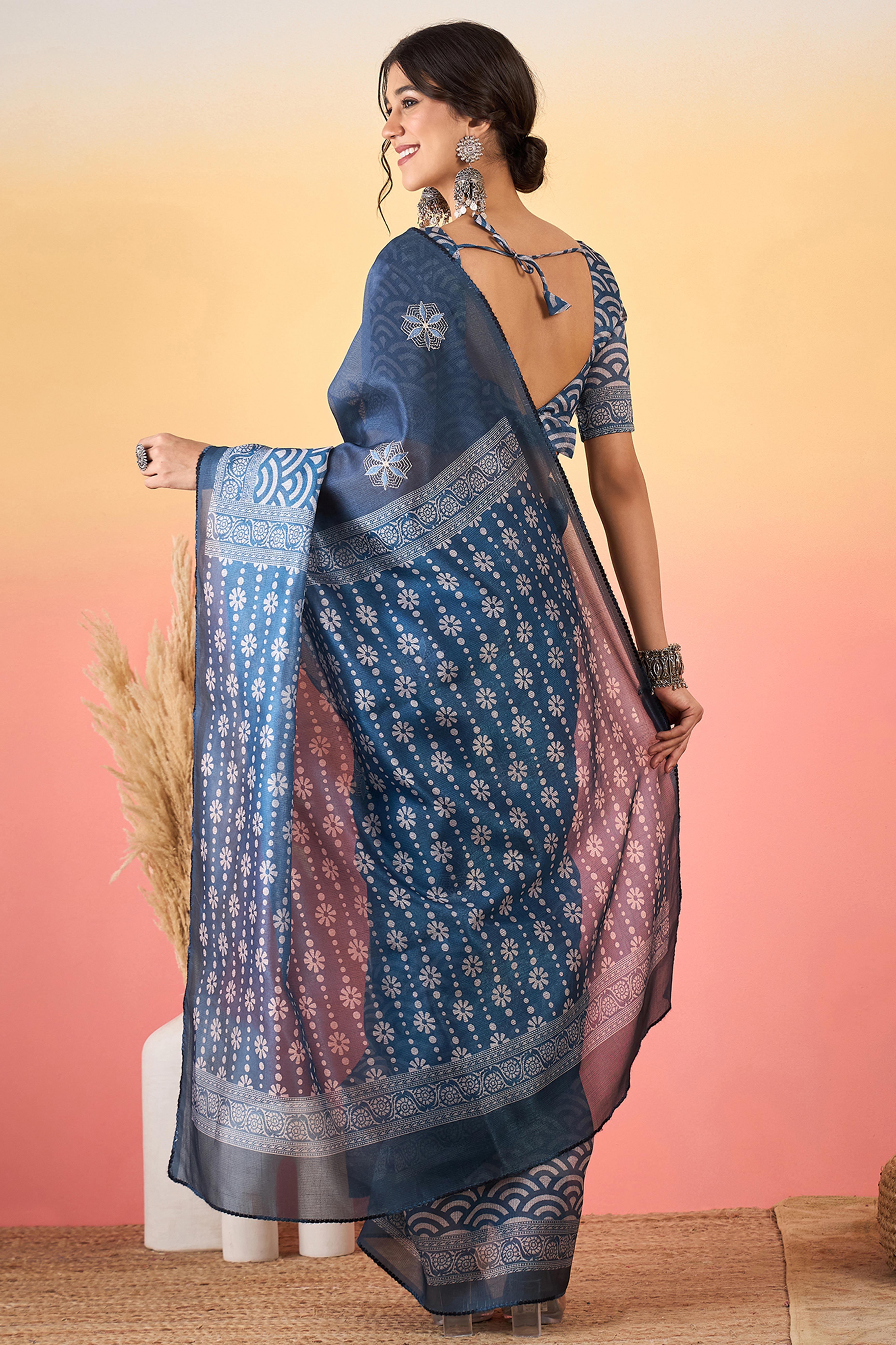 Navy Blue Floral Embroidered Saree Made from Lightweight Silk Blend Material