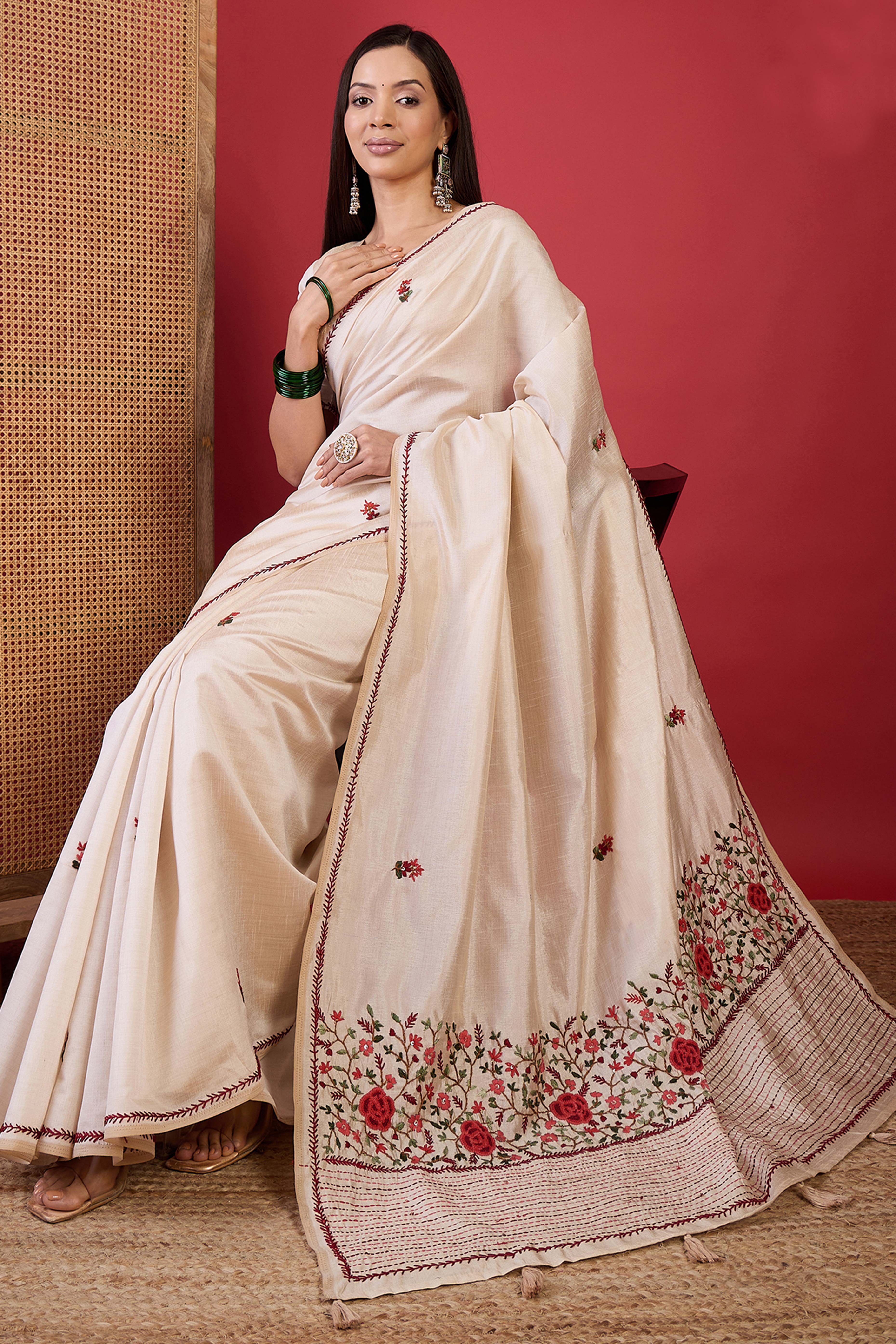 Cream Tussar Silk Saree with Fine Thread Work Embroidery for Festive Wear