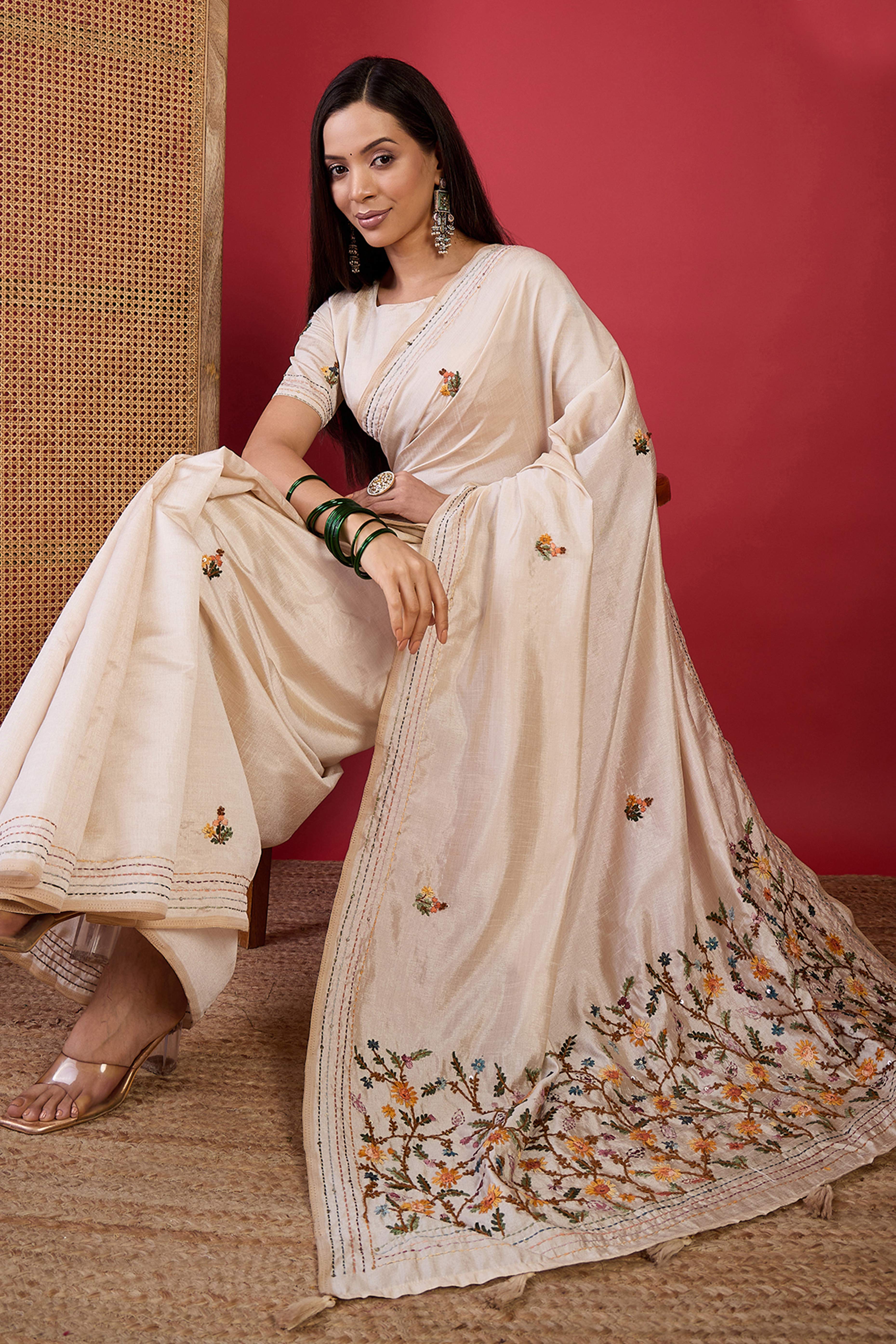 Cream Festive Wear Tussar Silk Saree Adorned with Delicate Thread Embroidery