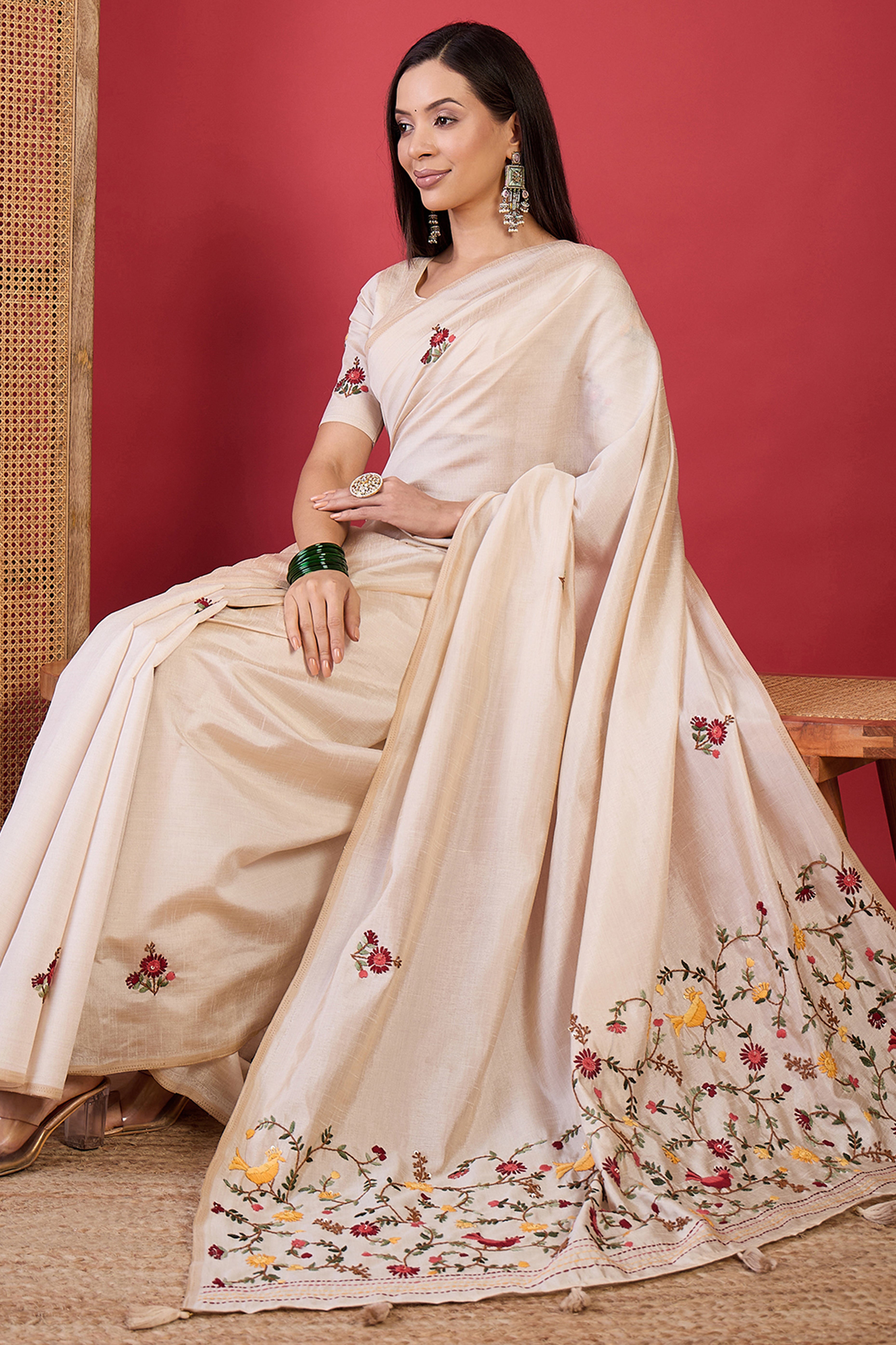 Cream Thread Embroidered Tussar Silk Saree for Traditional Occasions
