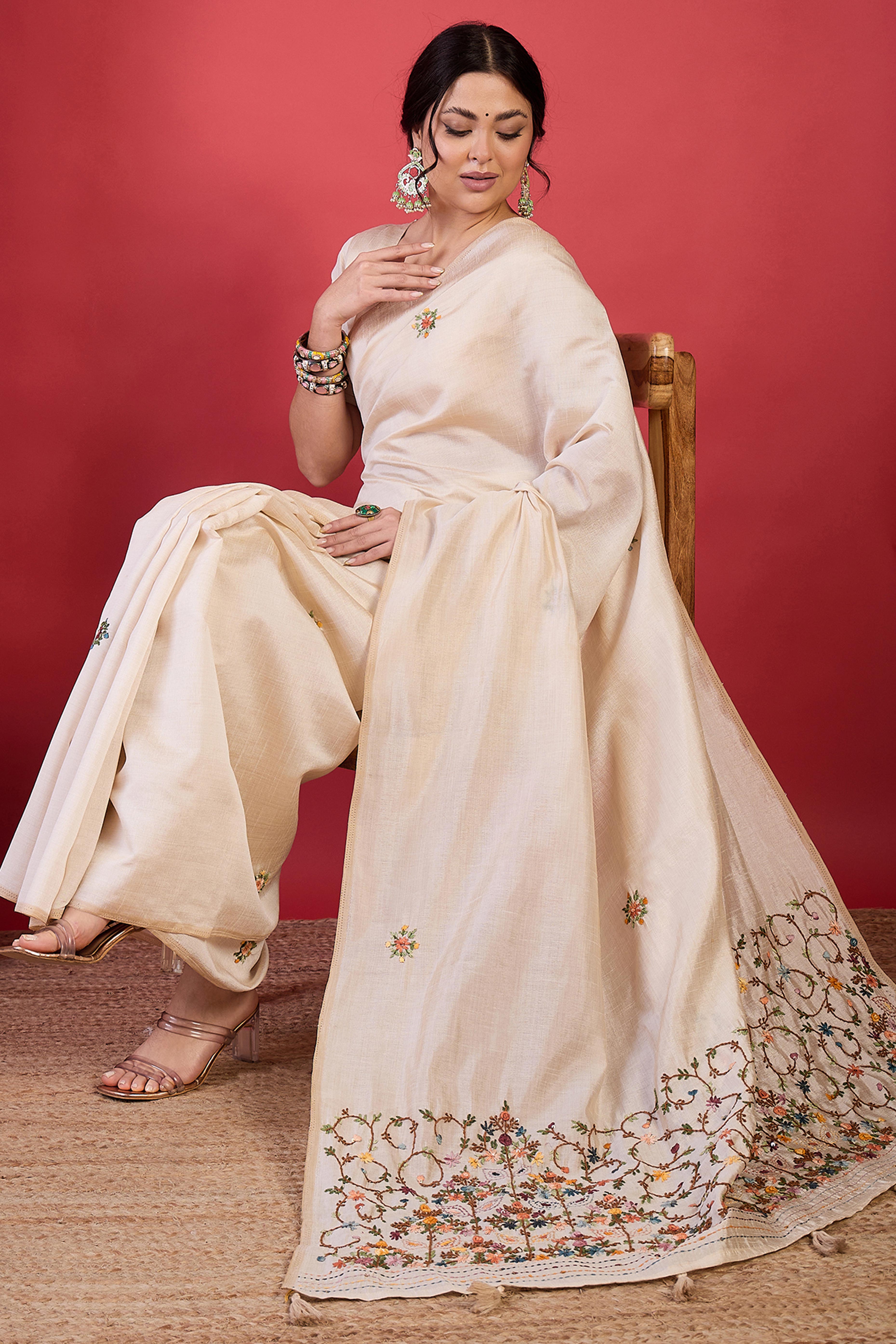 Sophisticated Cream Thread Embroidered Tussar Silk Saree for Special Occasions