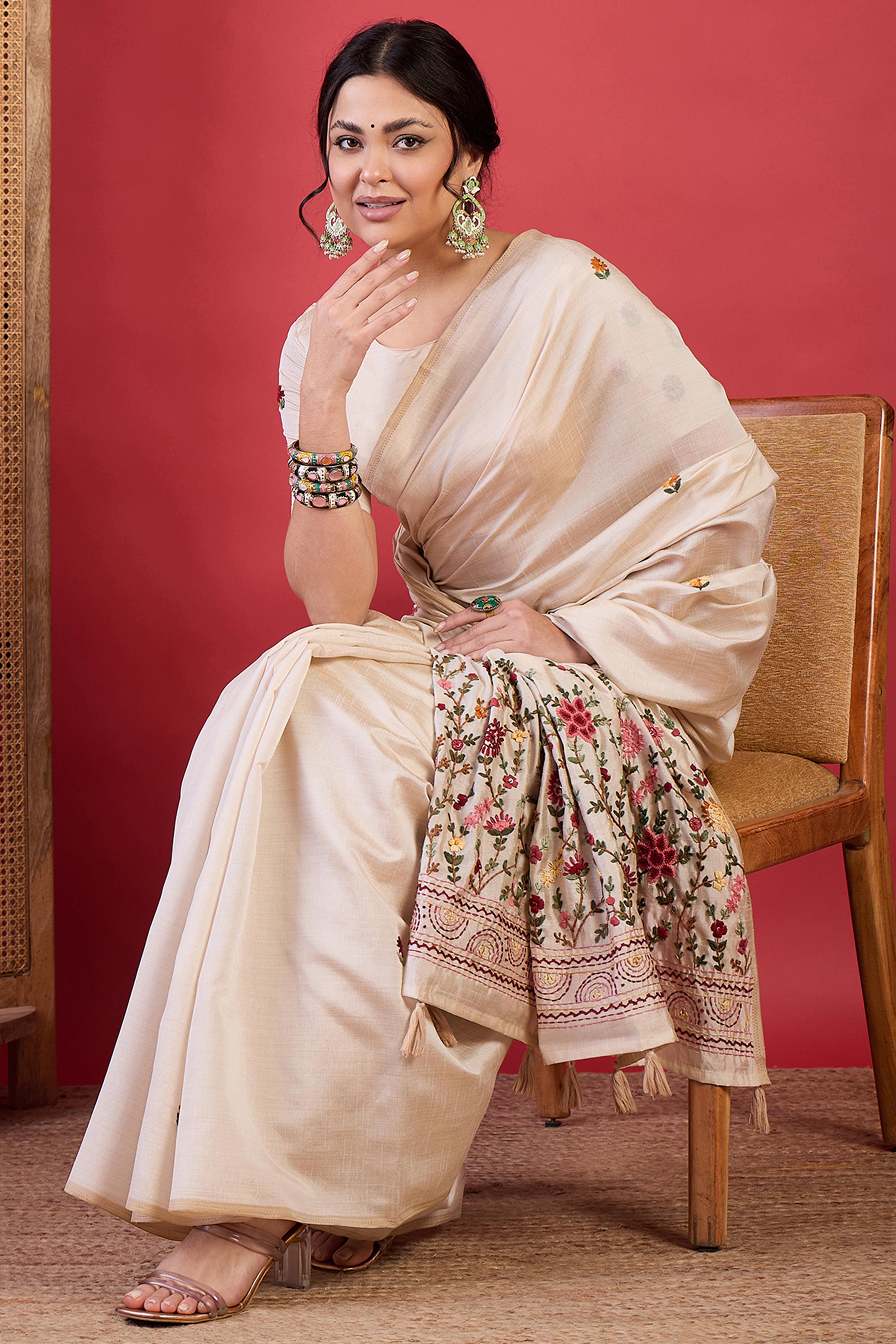 Cream Thread Work Embroidered Tussar Silk Saree with Rich Style