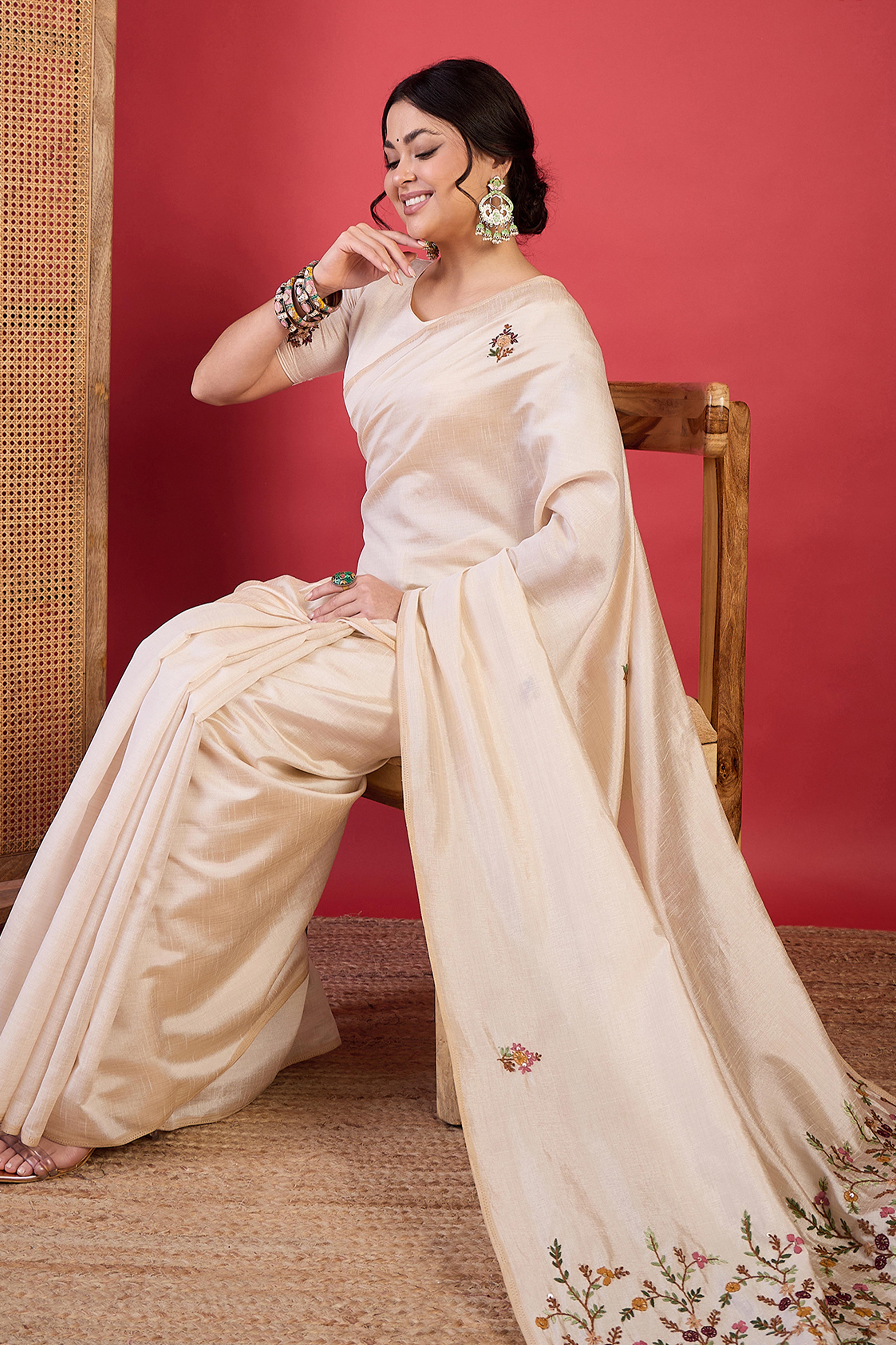 Cream Premium Festive Wear Tussar Silk Saree with Elegant Thread Work