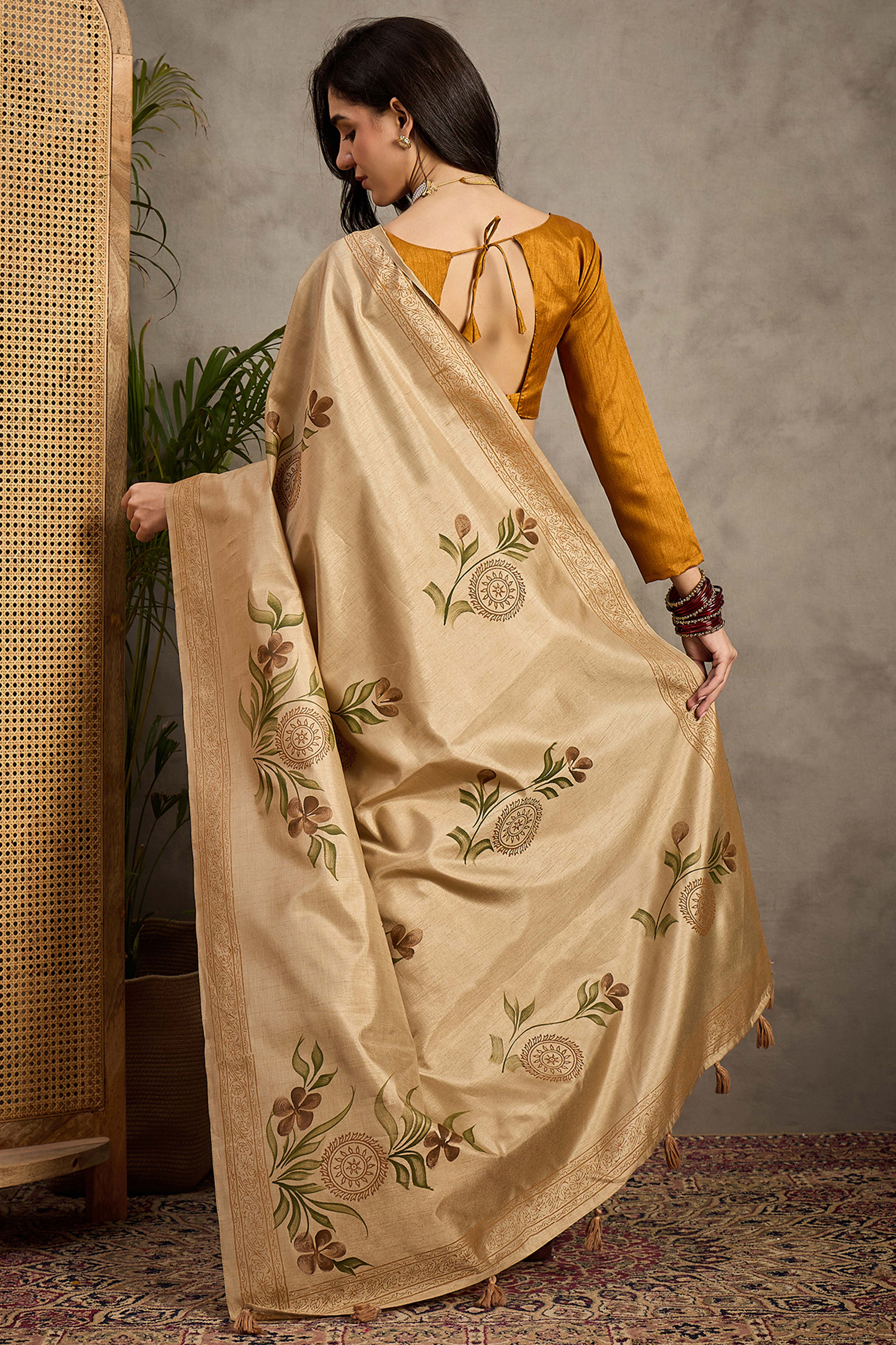 Elegant Beige Floral Print Kozi Cotton Silk Saree Accented With Graceful Tassel Pallu