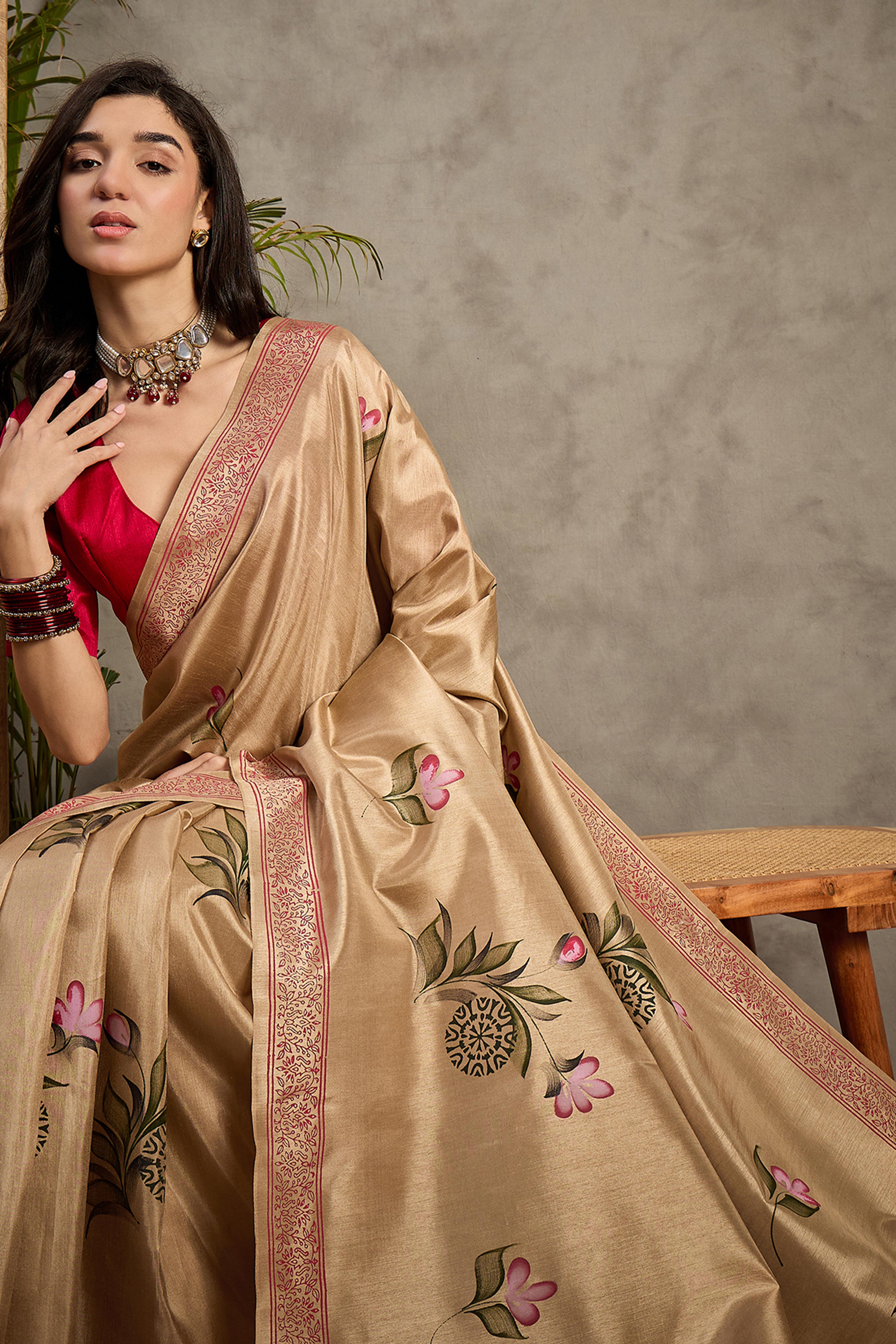 Beige Botanical Print Kozi Cotton Silk Saree Embellished With Elegant Tassel Edges
